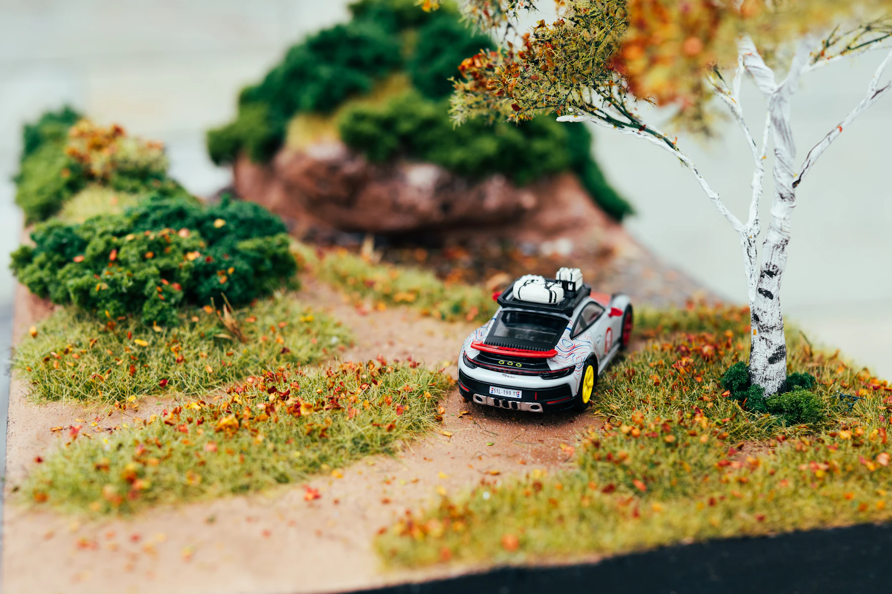 A small silver model car on a dirt path through patchy grass, with a white-barked model tree and a rock outcrop behind
