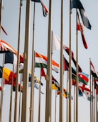 Multiple national flags waving on poles under a clear sky
