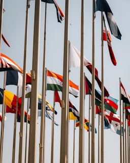 Multiple national flags waving on poles under a clear sky