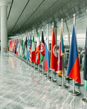Row of international flags displayed indoors