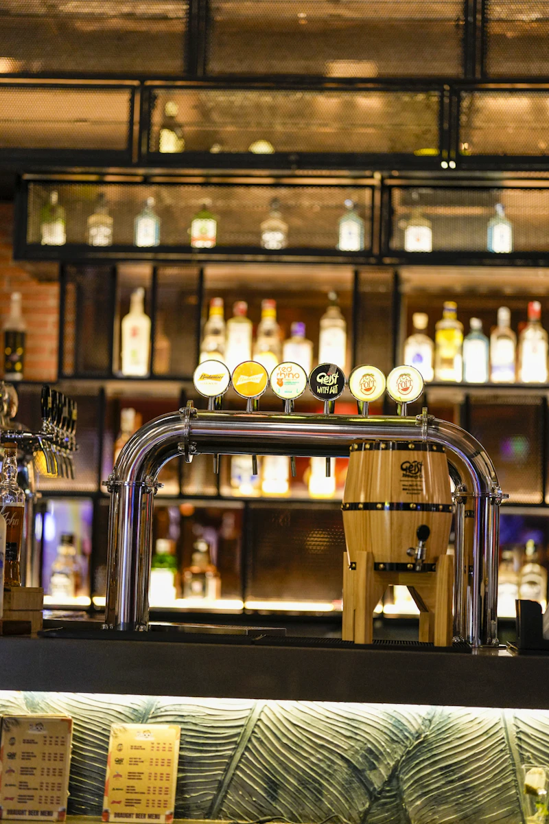 Bar counter with beer taps in service