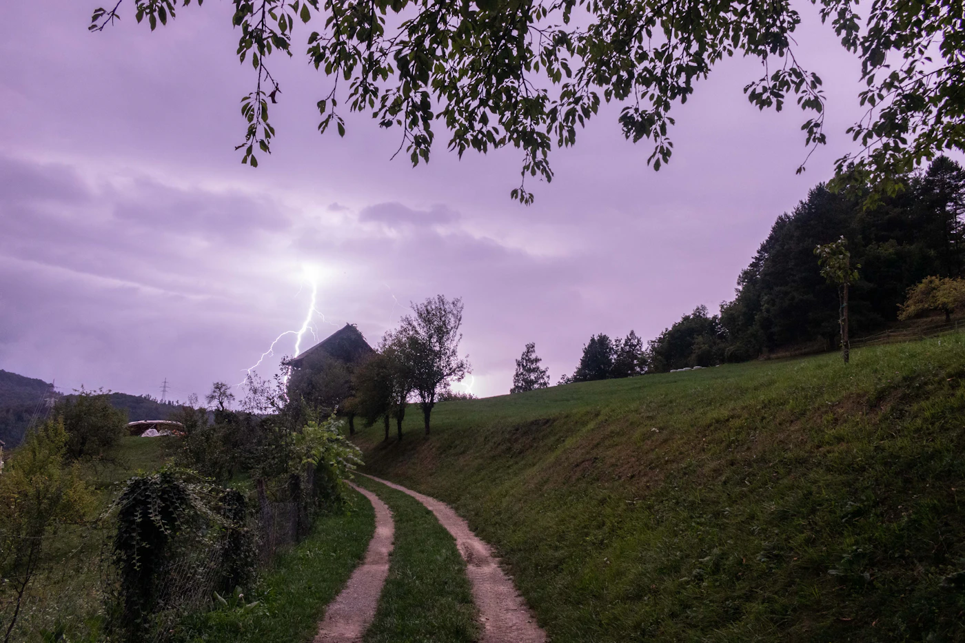 Lightning striking near a rural home during a severe storm and outage risk
