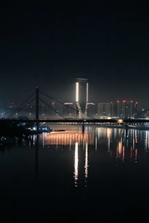 City skyline and bridge reflected in water at night