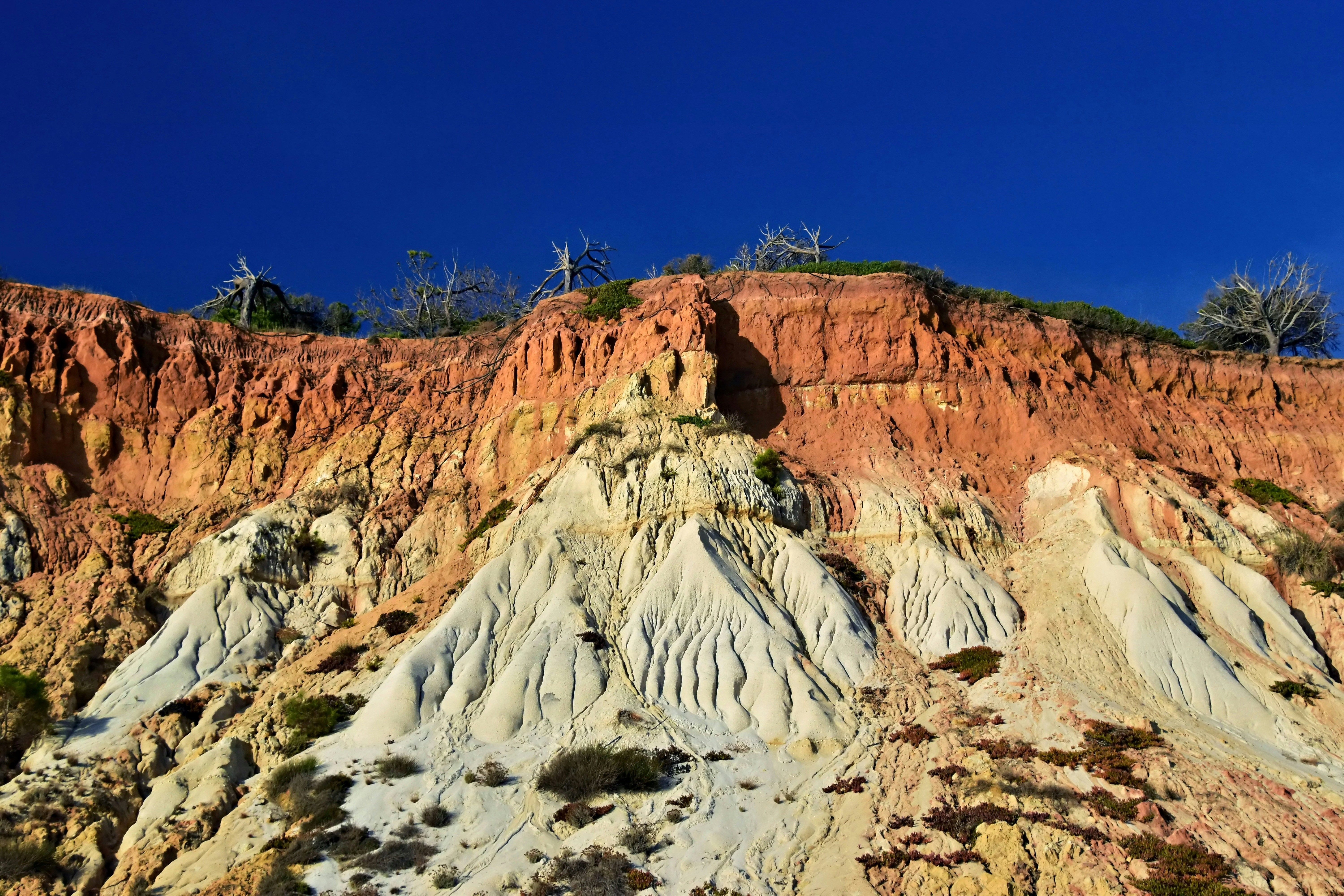 Layered colorful sandstone cliffs under a clear blue sky.
