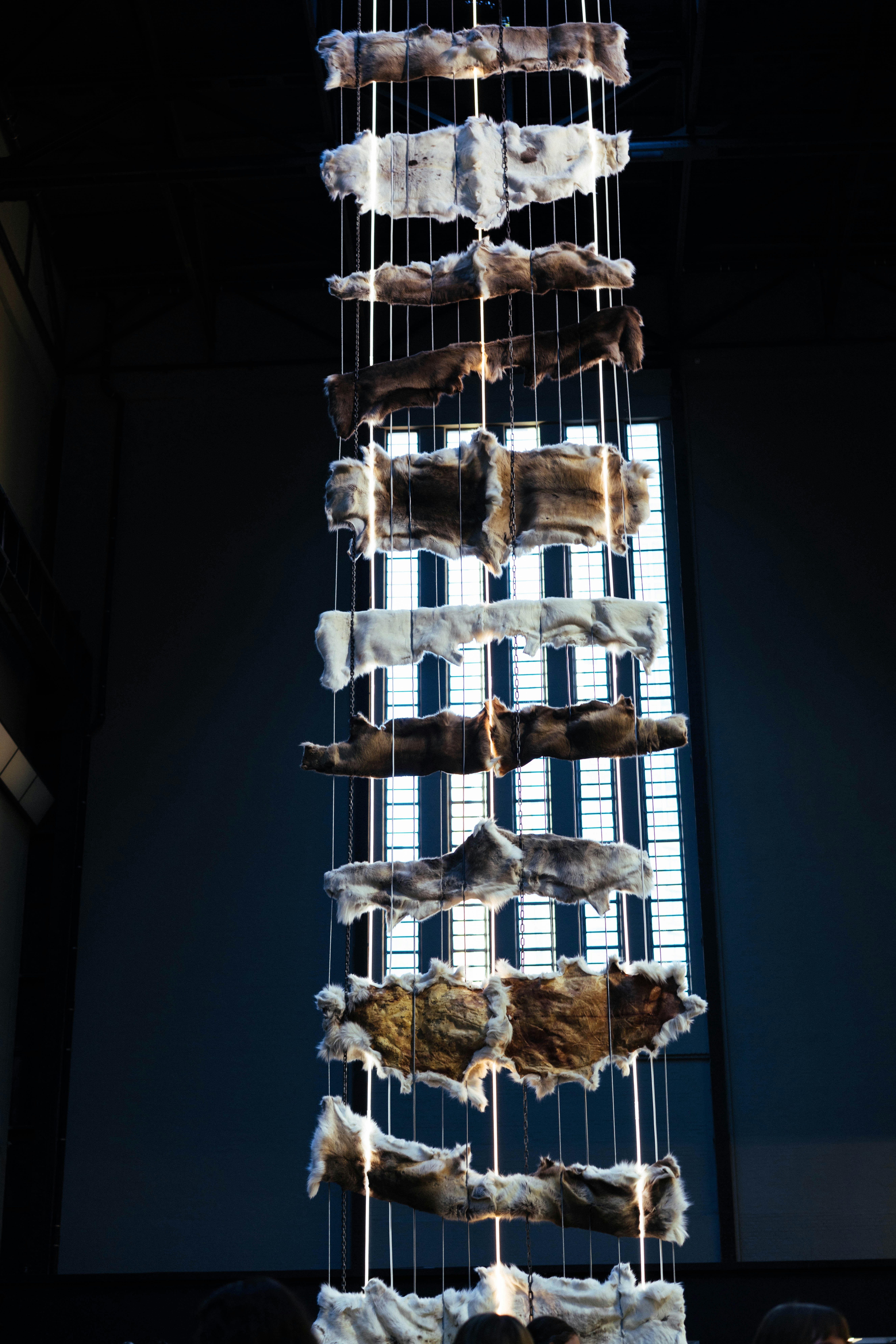 Hanging pelts in a tall, dark space