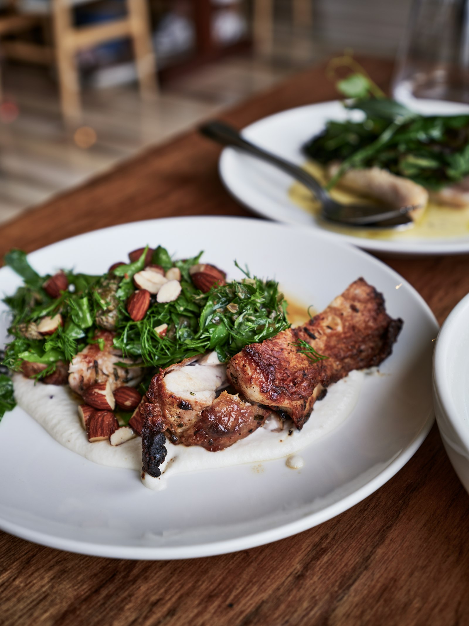Golden grilled chicken thigh on a white plate with a creamy sauce and a fresh green salad