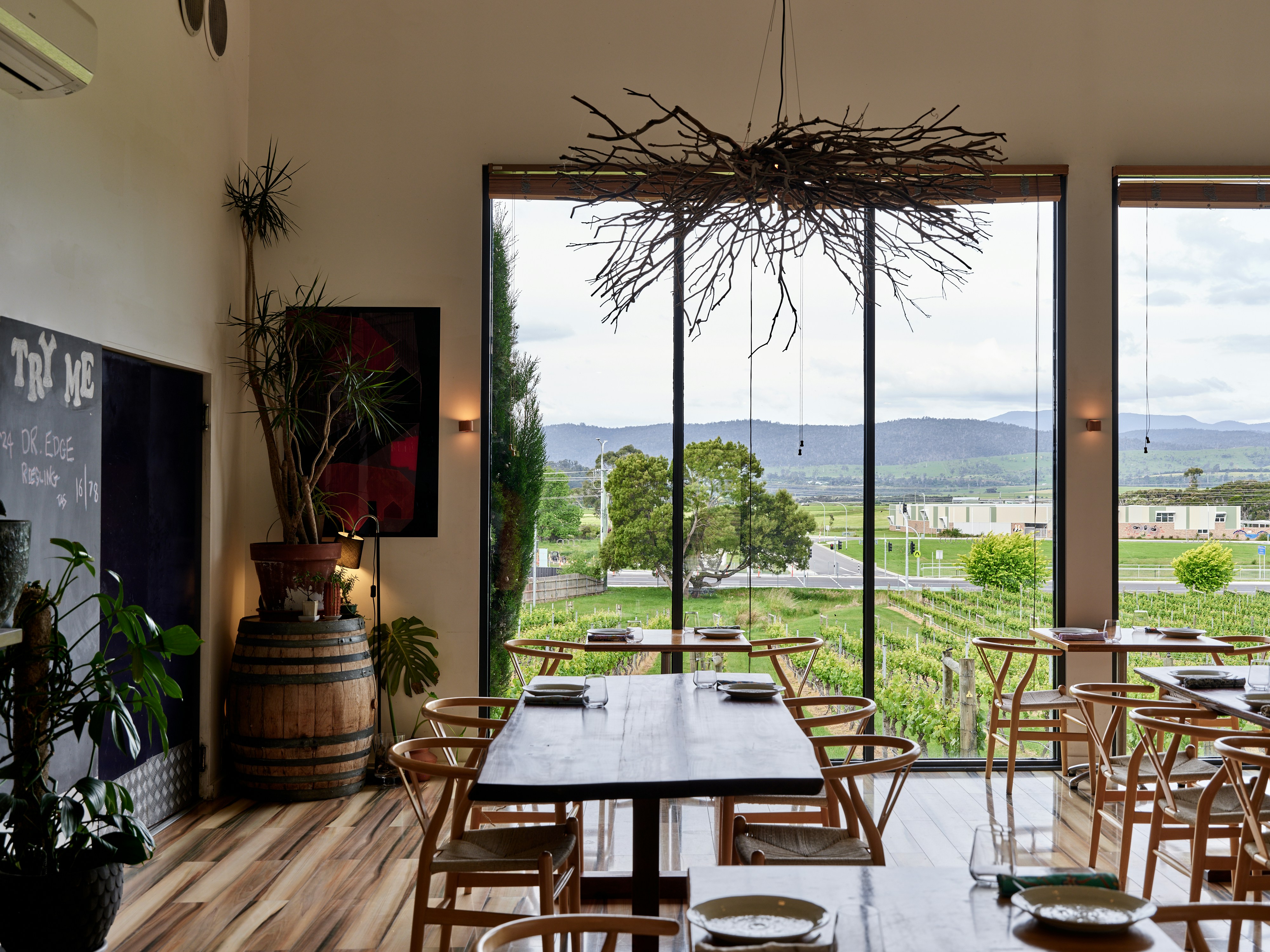 Restaurant dining room with vineyard view