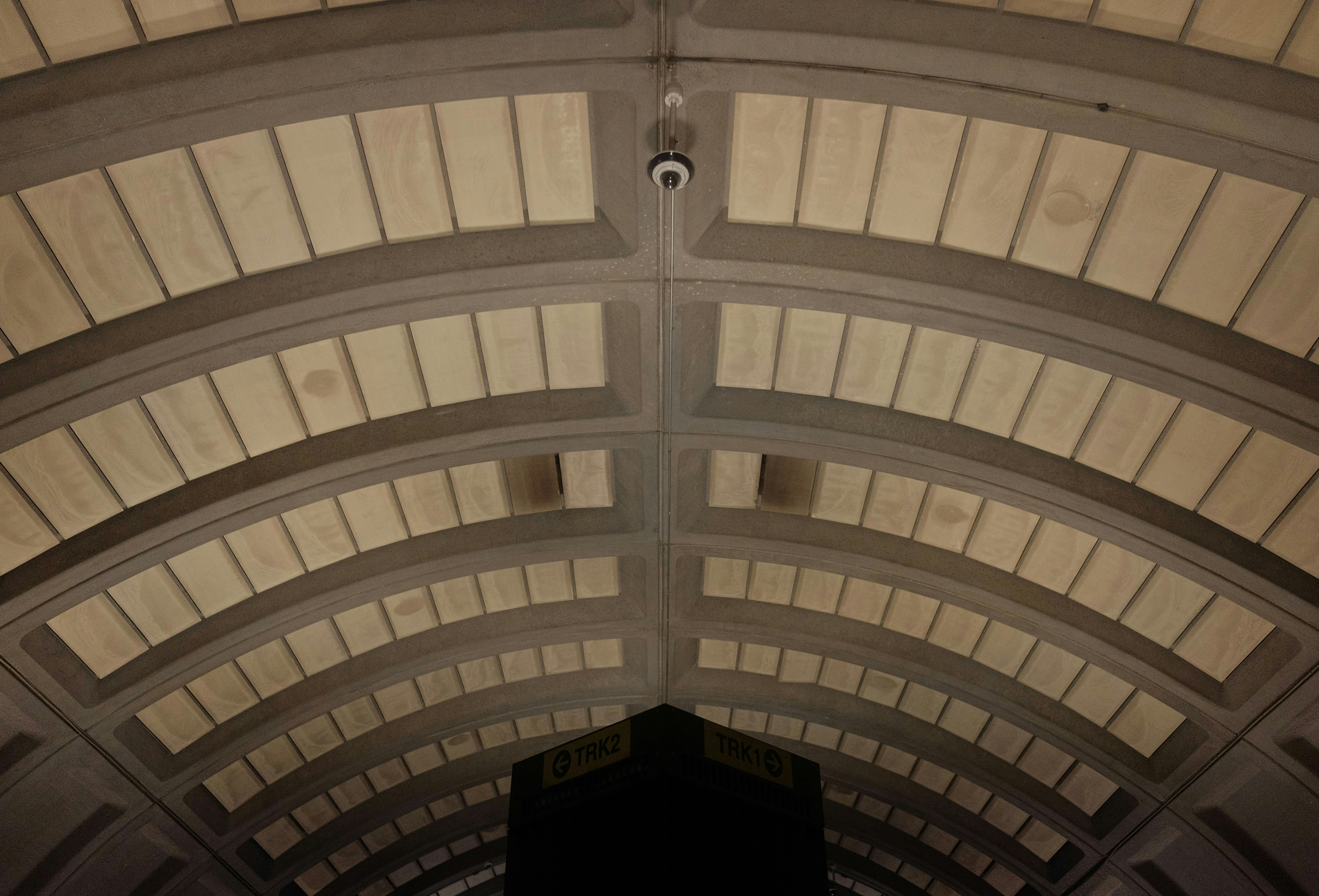 Arched ceiling with illuminated panels and dark structure