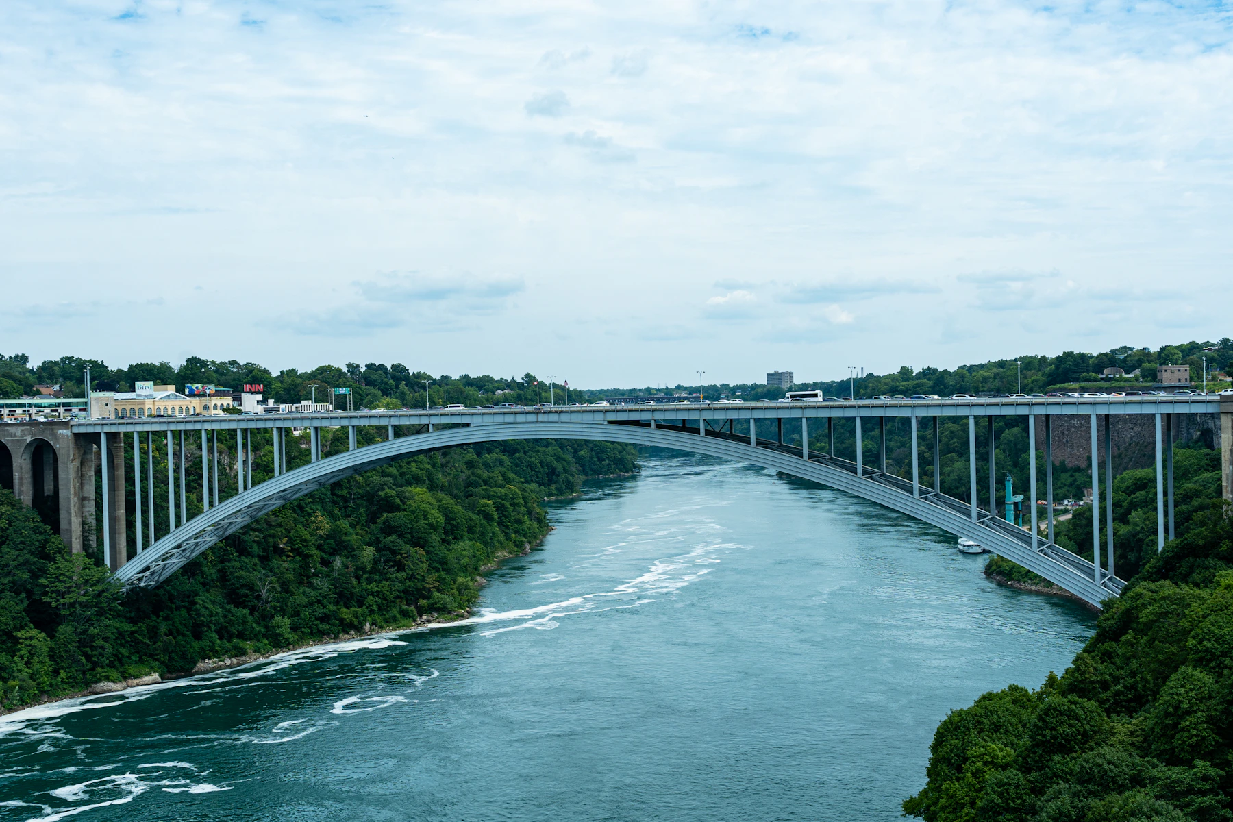 The arch of the Rainbow Bridge spanning the Niagara River at the Canada-US border