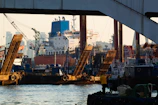 Ships and cranes in a busy harbor.