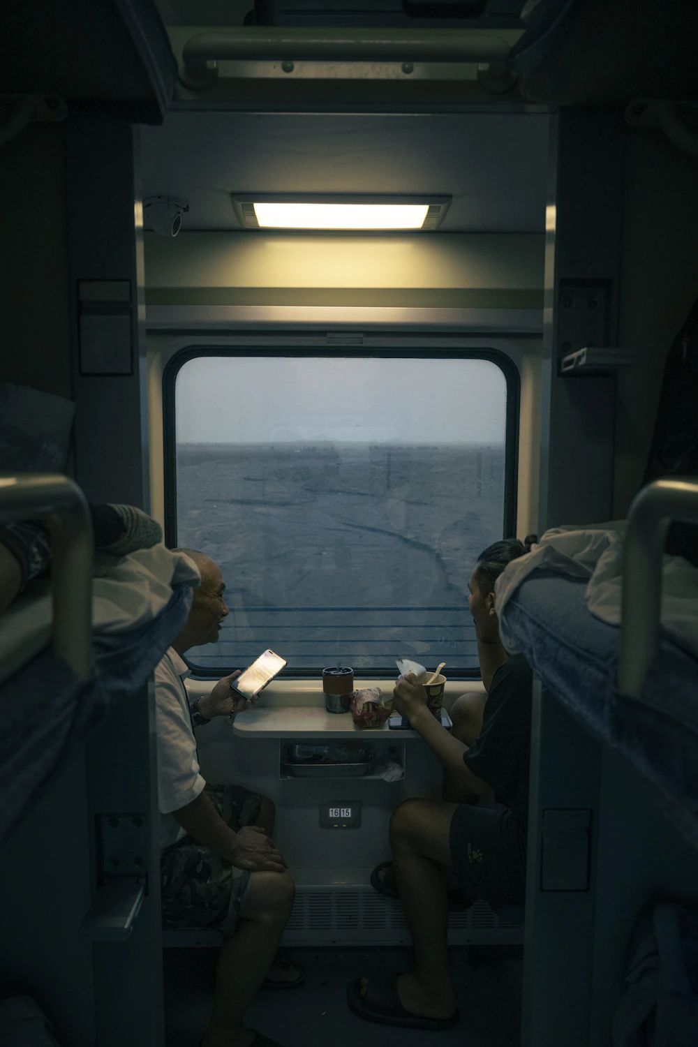 Travelers enjoying a meal together onboard