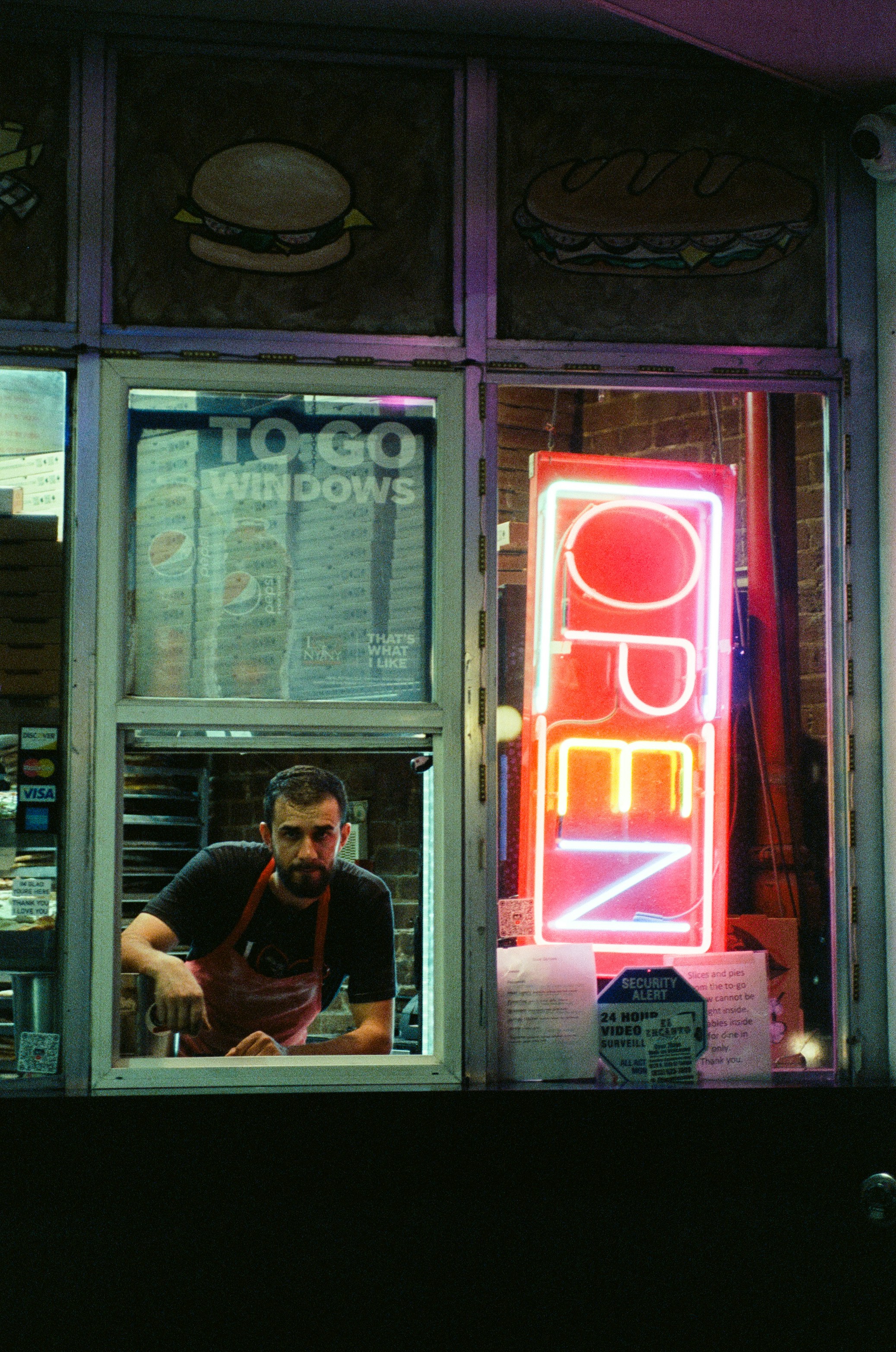 Late-night food under neon light