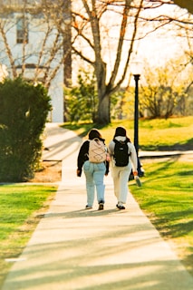Two people walking on a path in a park.