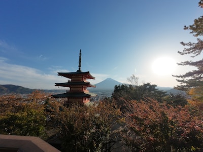 Pagoda with mount fuji in the distance.