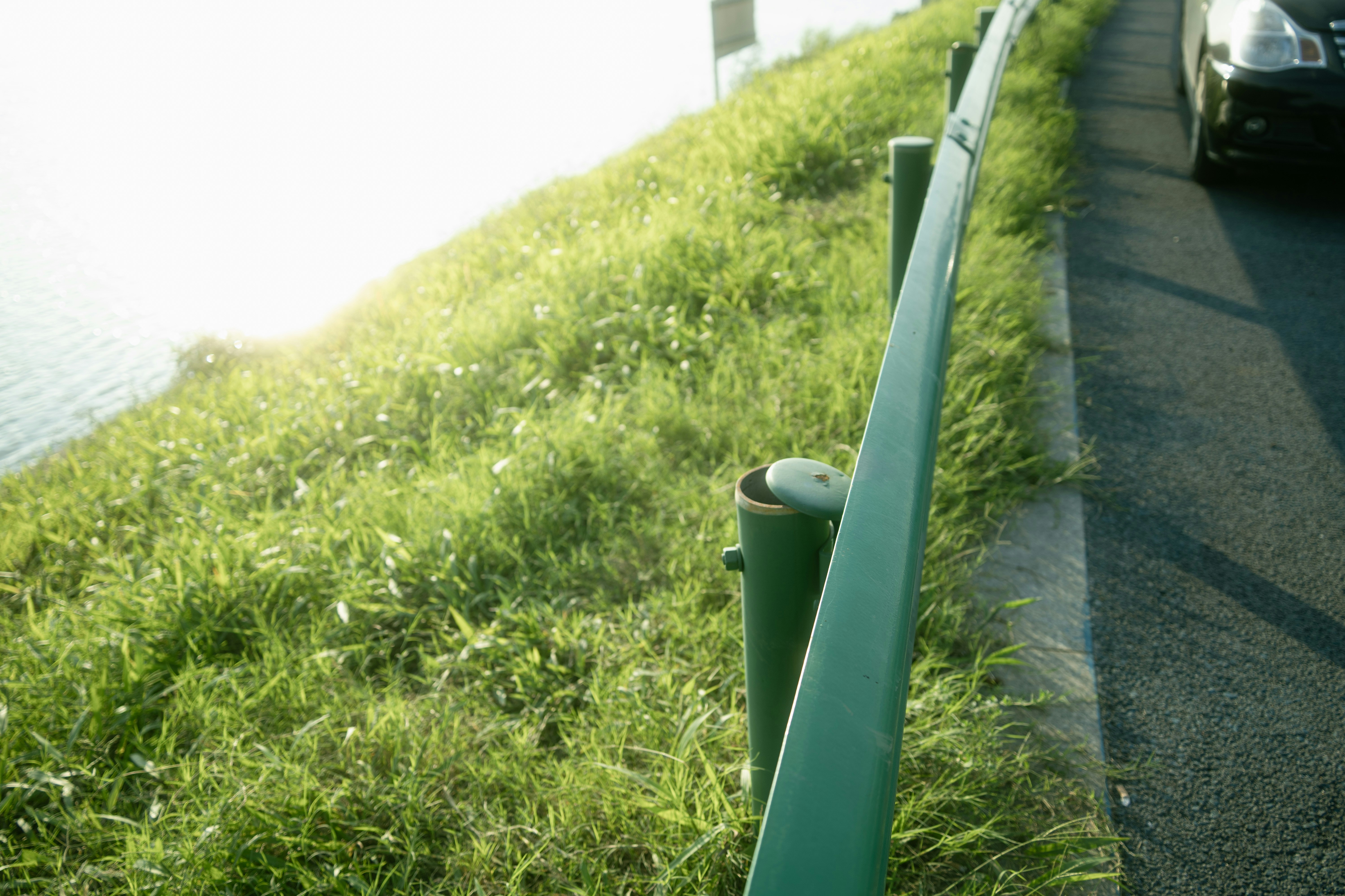 Green grassy embankment next to a road with a car.