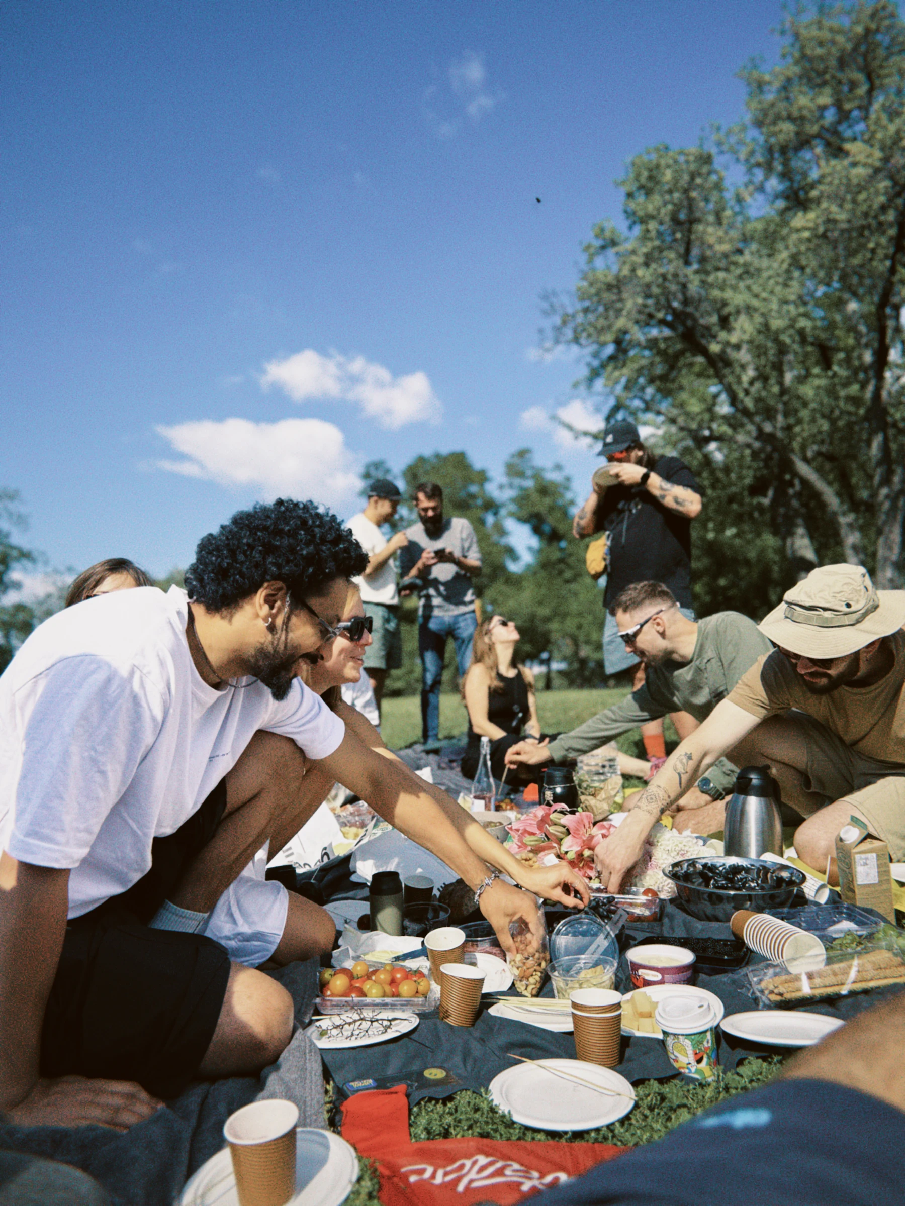 Groupe d’amis partageant un pique-nique convivial dans un parc