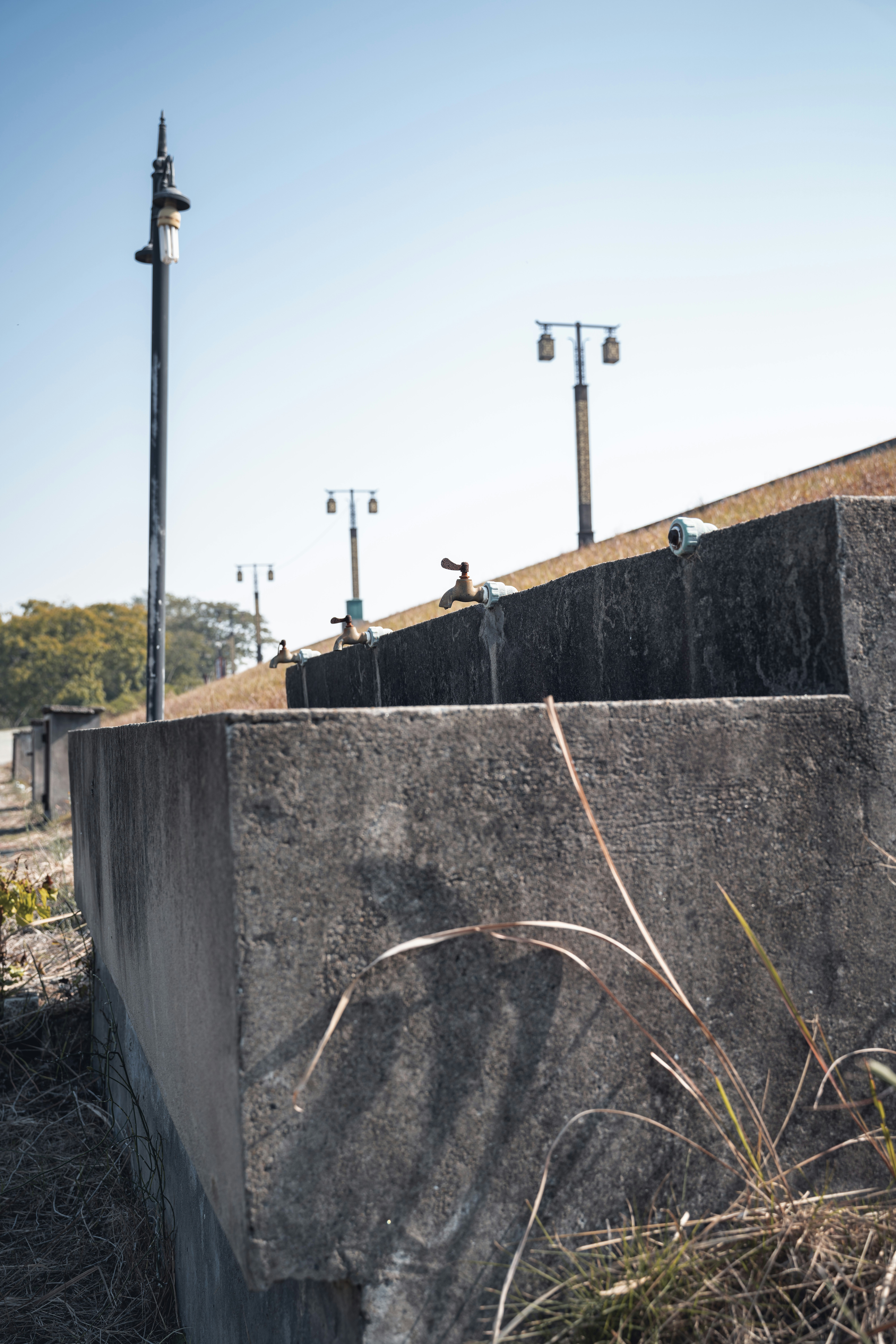Concrete structures with lights under a clear sky