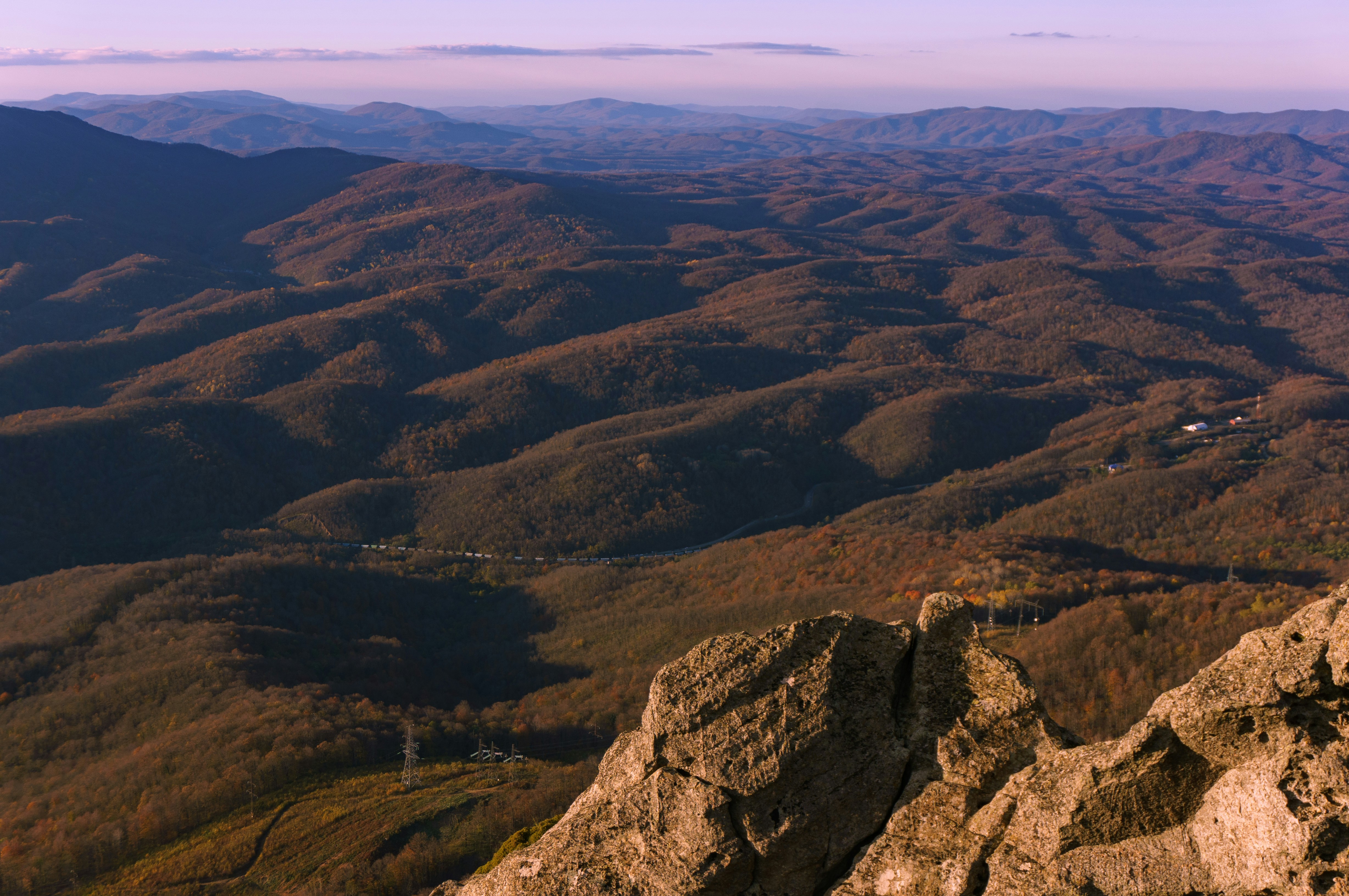 Rolling hills covered in autumn trees under a hazy sky