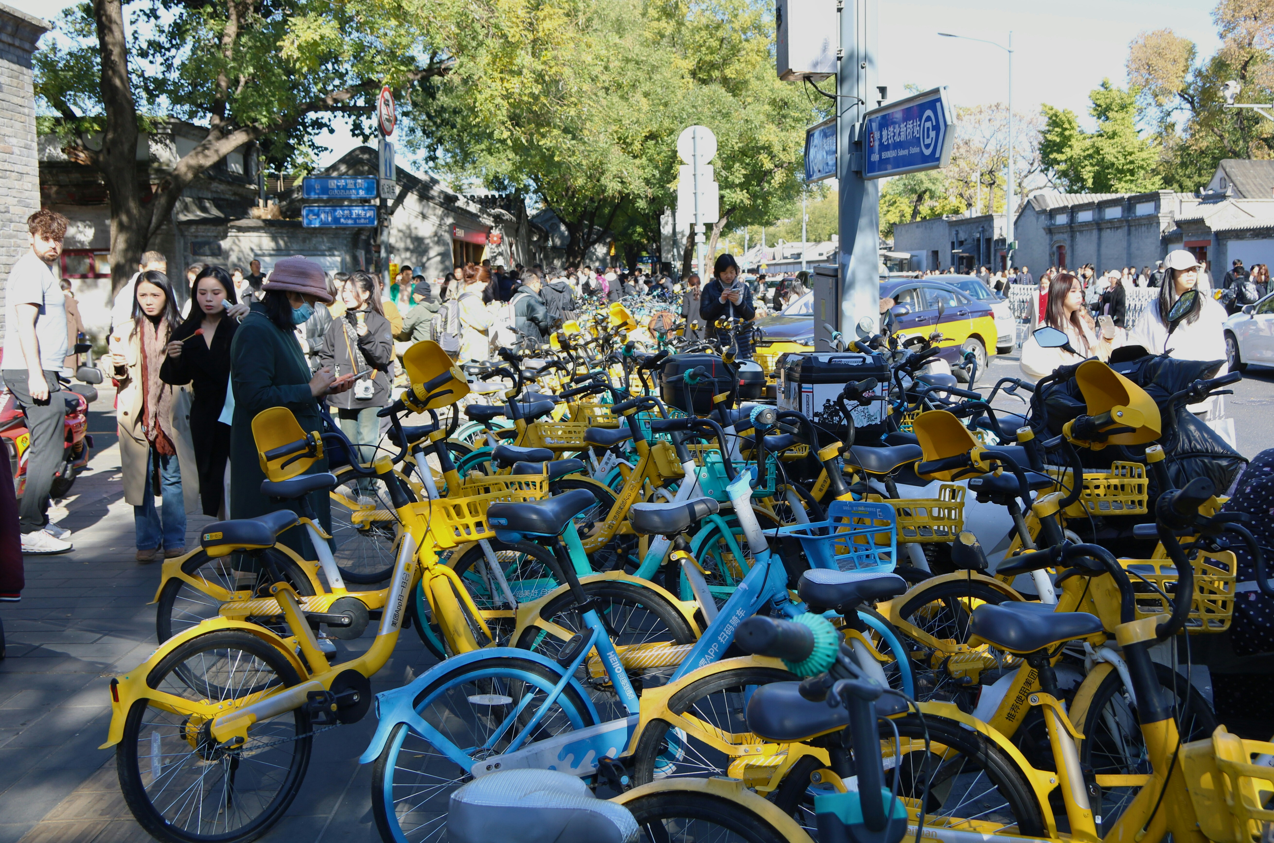 Many colorful rental bicycles parked on a street.
