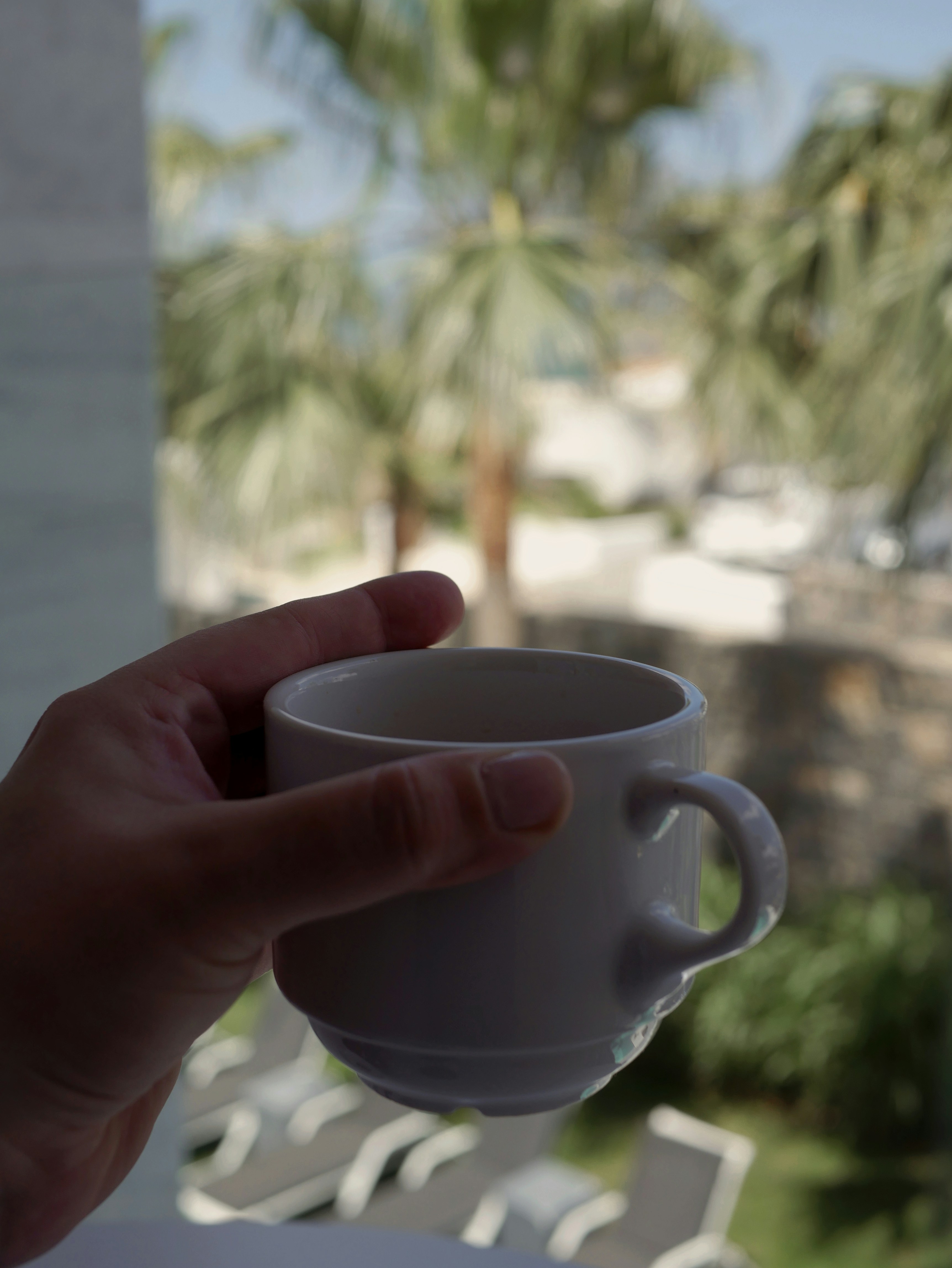 Mano sosteniendo una taza blanca con palmeras de fondo