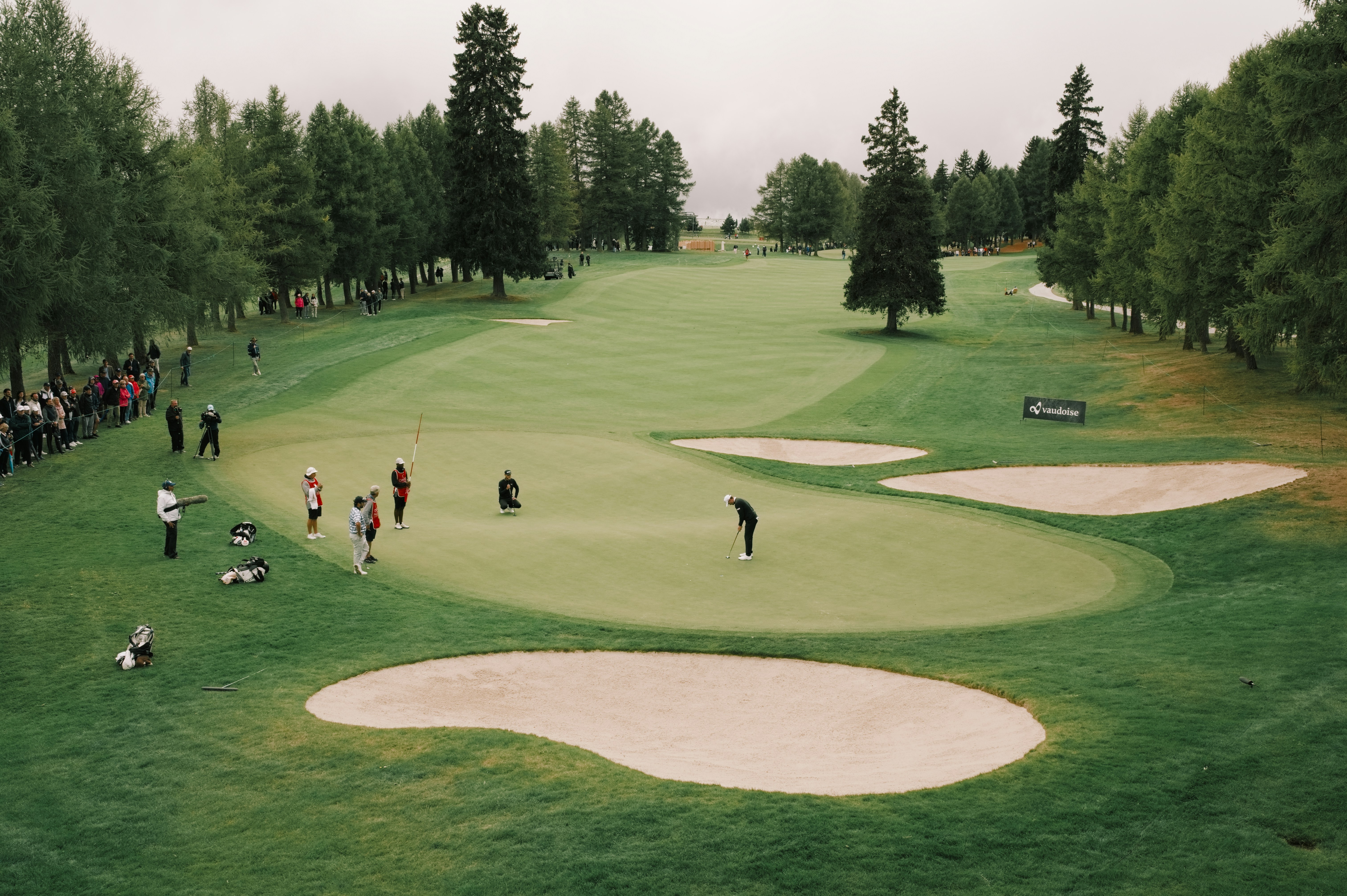 Golfers on a green with sand traps and trees.