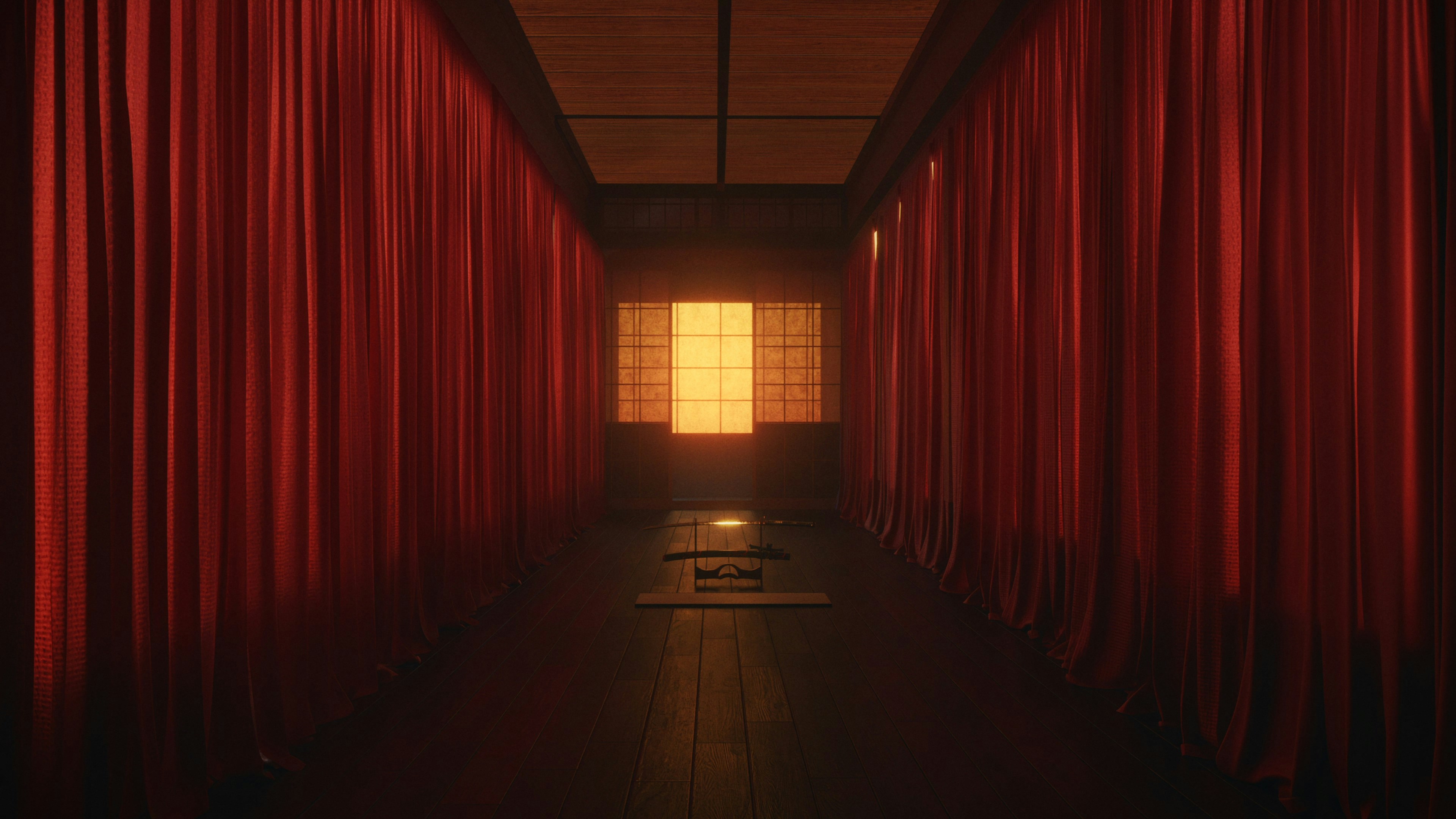 Dim hallway with red curtains and glowing doorway