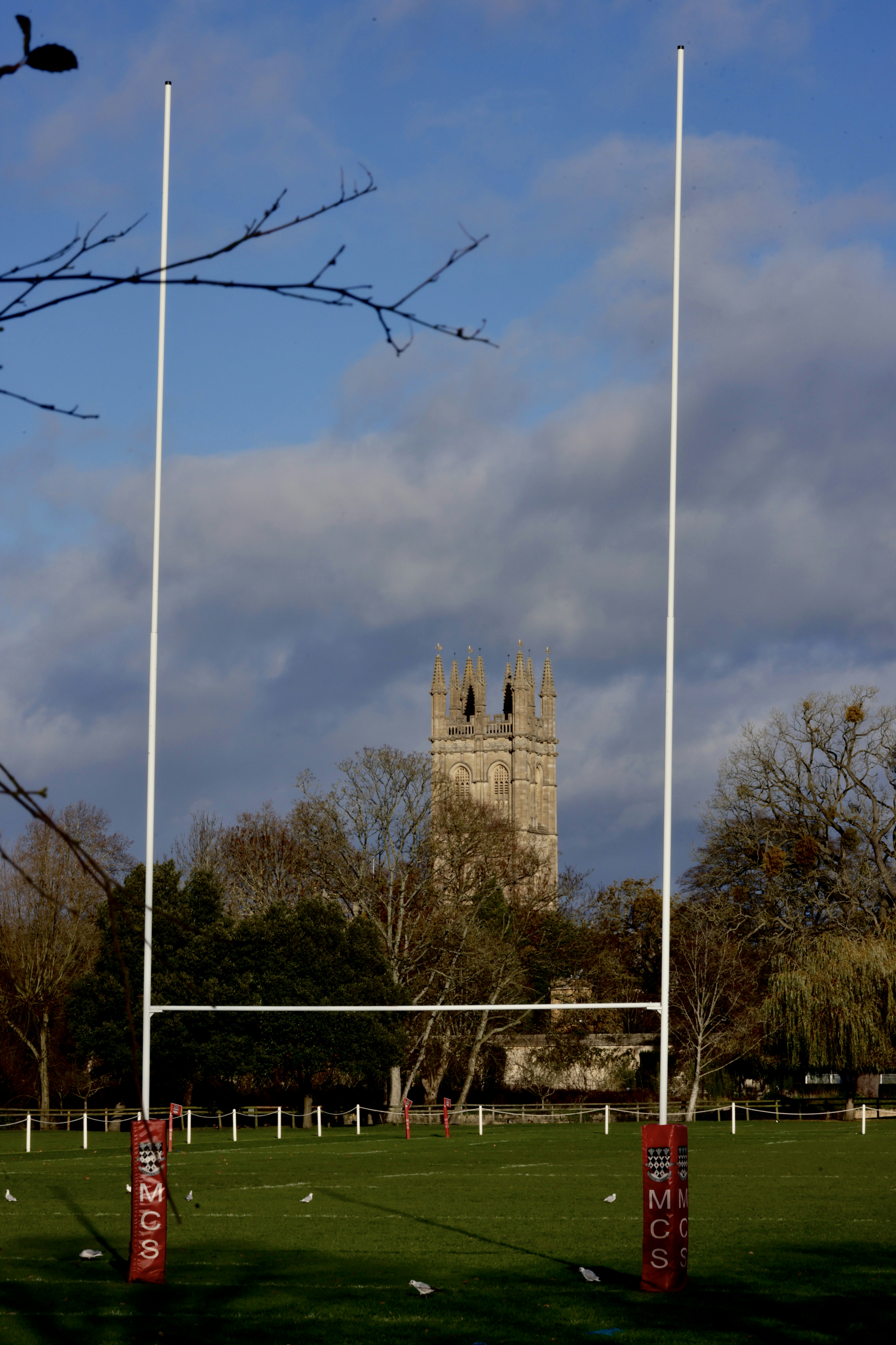 Rugby posts stand on a field with a tower behind.