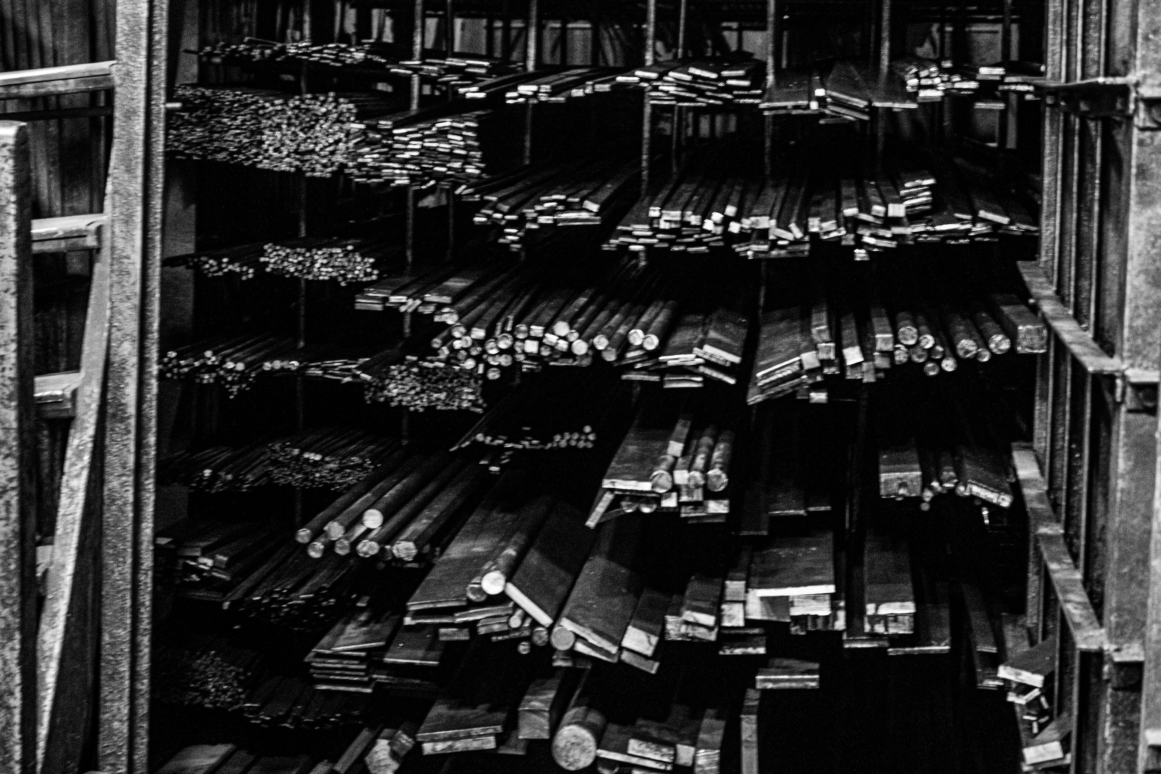 Bar stock stacked in a raw material store
