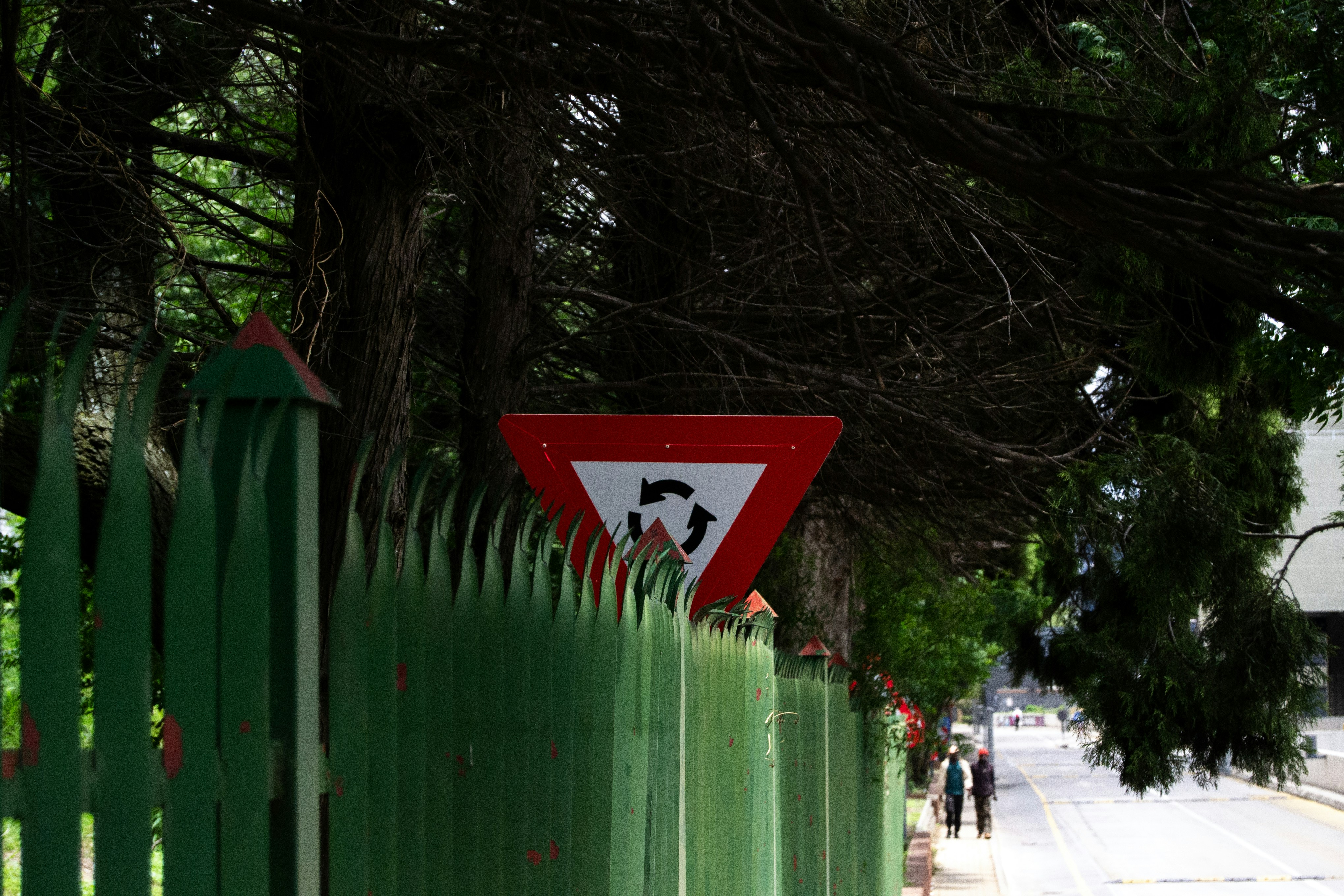 Roundabout traffic sign behind a green fence.