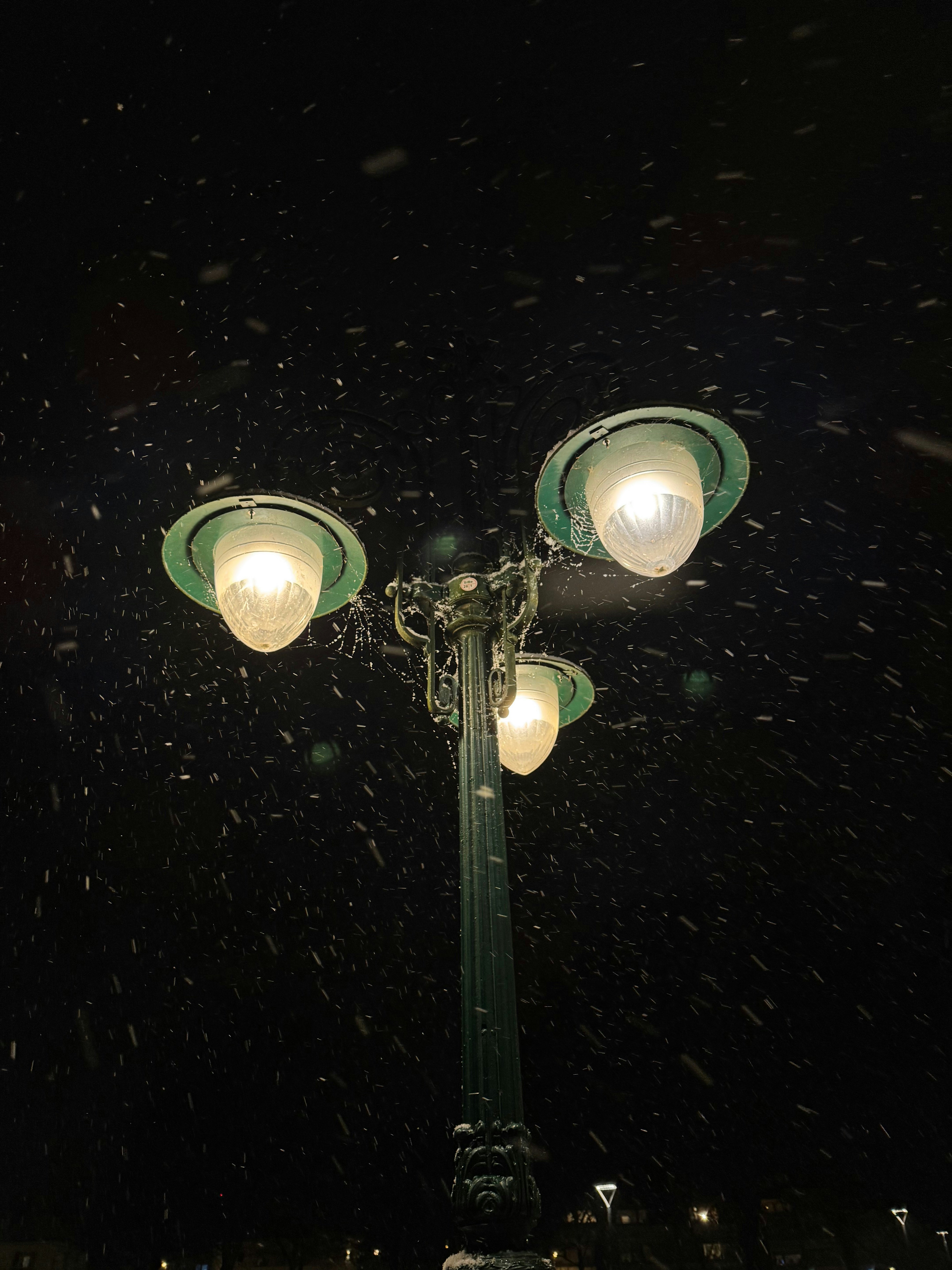 Streetlights glow during a snowy night