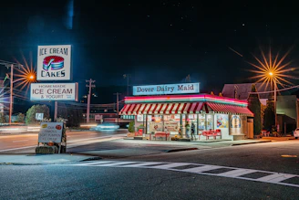 Diner dairy maid ice cream shop at night