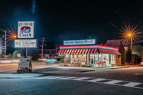Diner dairy maid ice cream shop at night