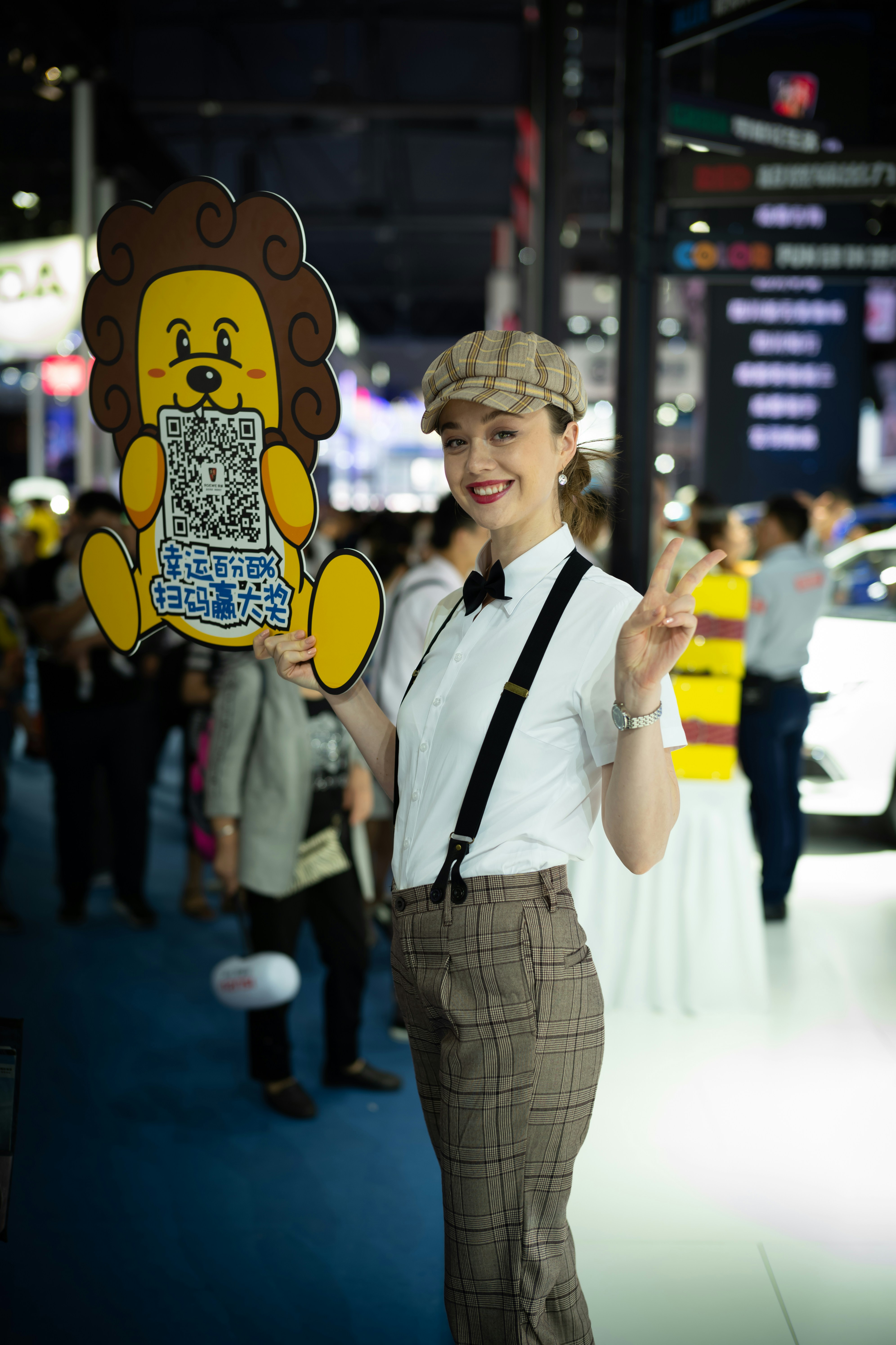 Woman in vintage clothes holds lion sign with qr code