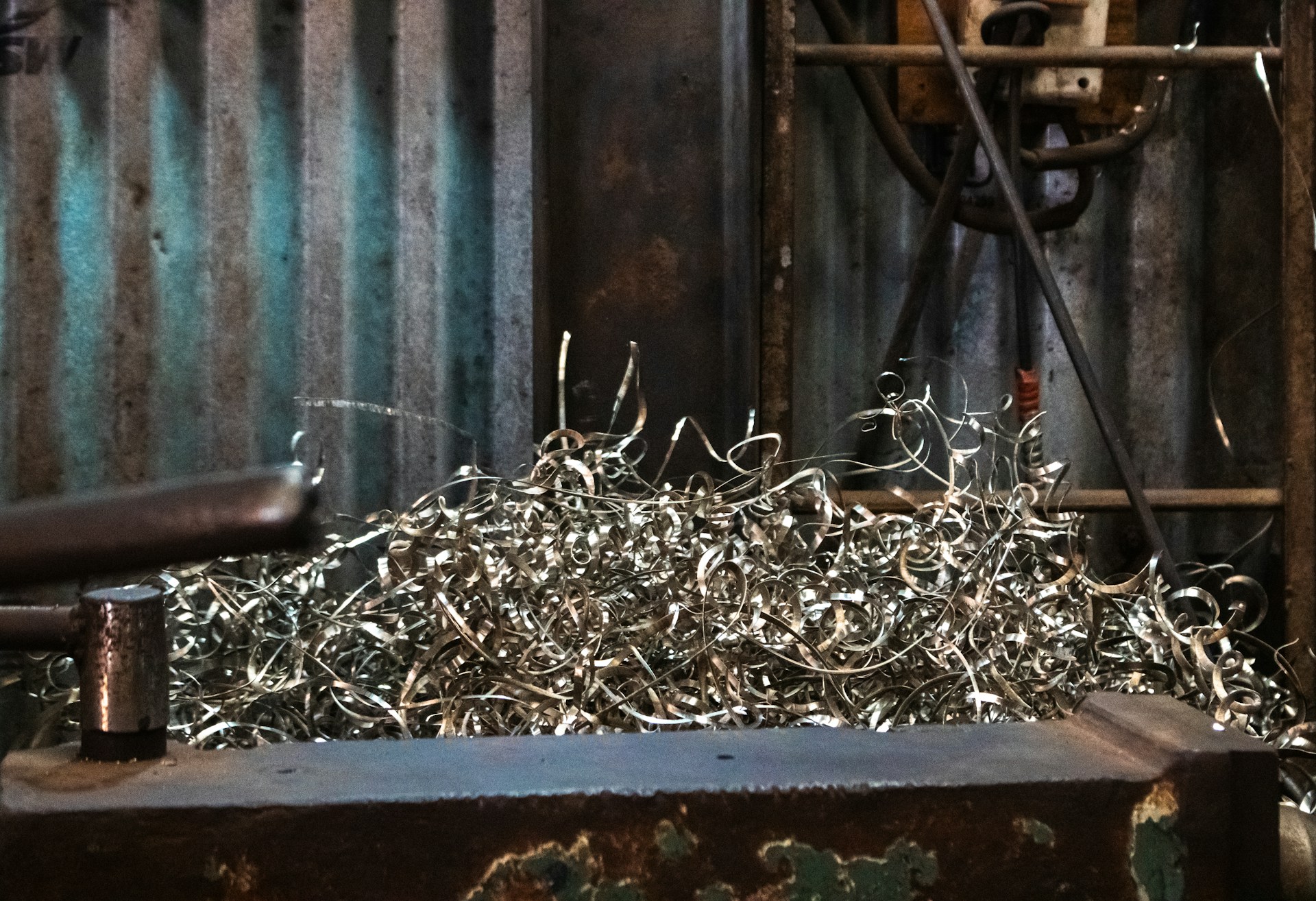 Pile of metal shavings in a workshop