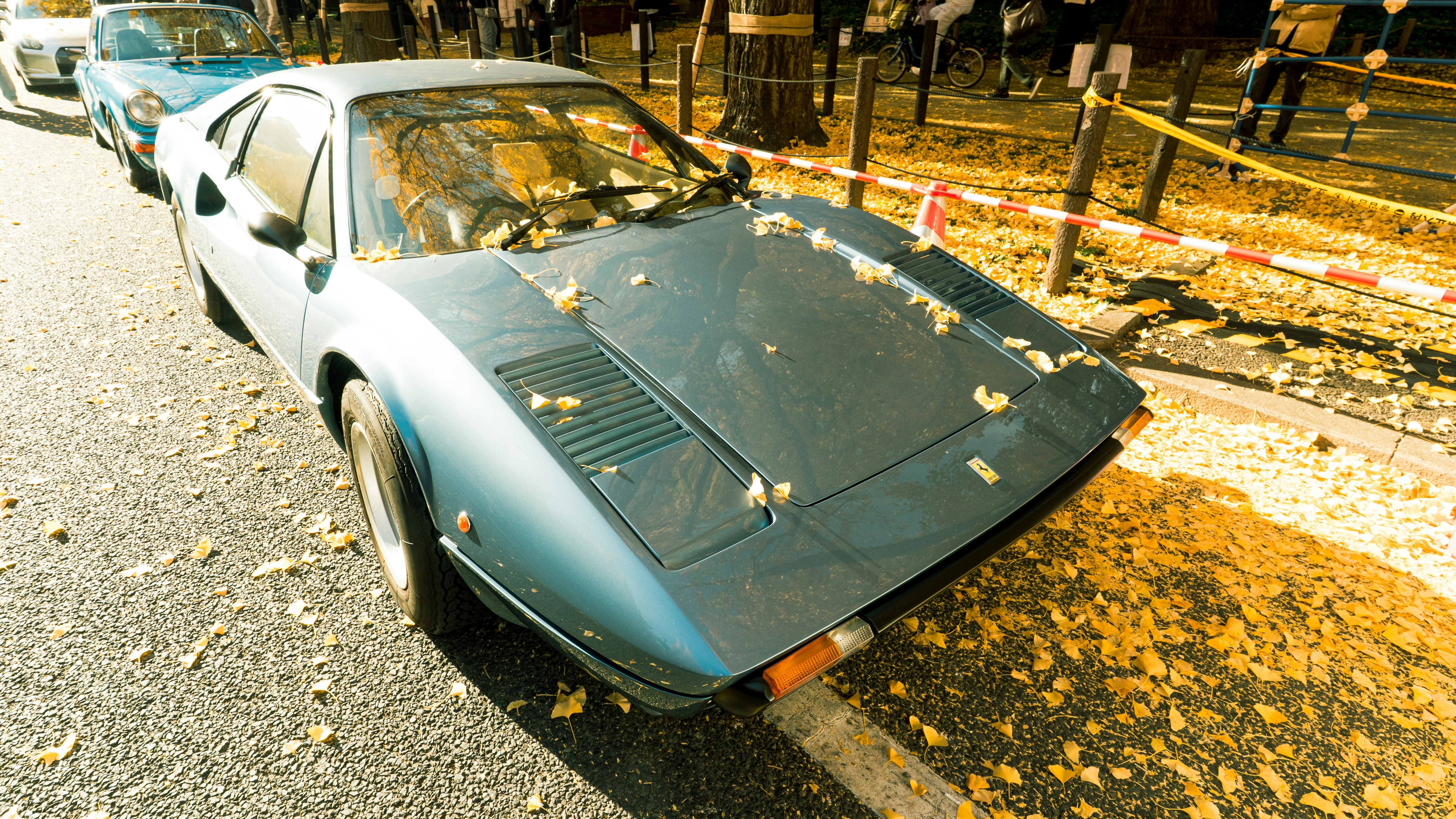 A blue vintage car covered in fallen leaves