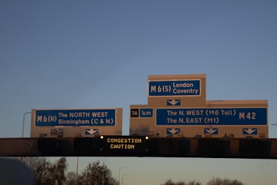 Highway signs indicating directions and congestion caution