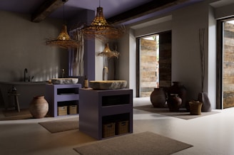 Luxurious bathroom with stone sinks and rustic decor.