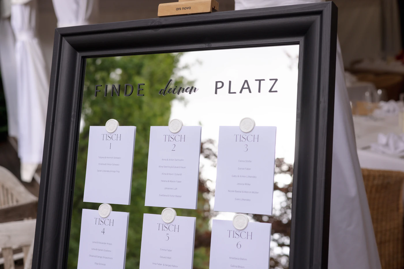 Wedding reception seating charts for blended families — A beautifully designed wedding seating chart displayed on an easel.