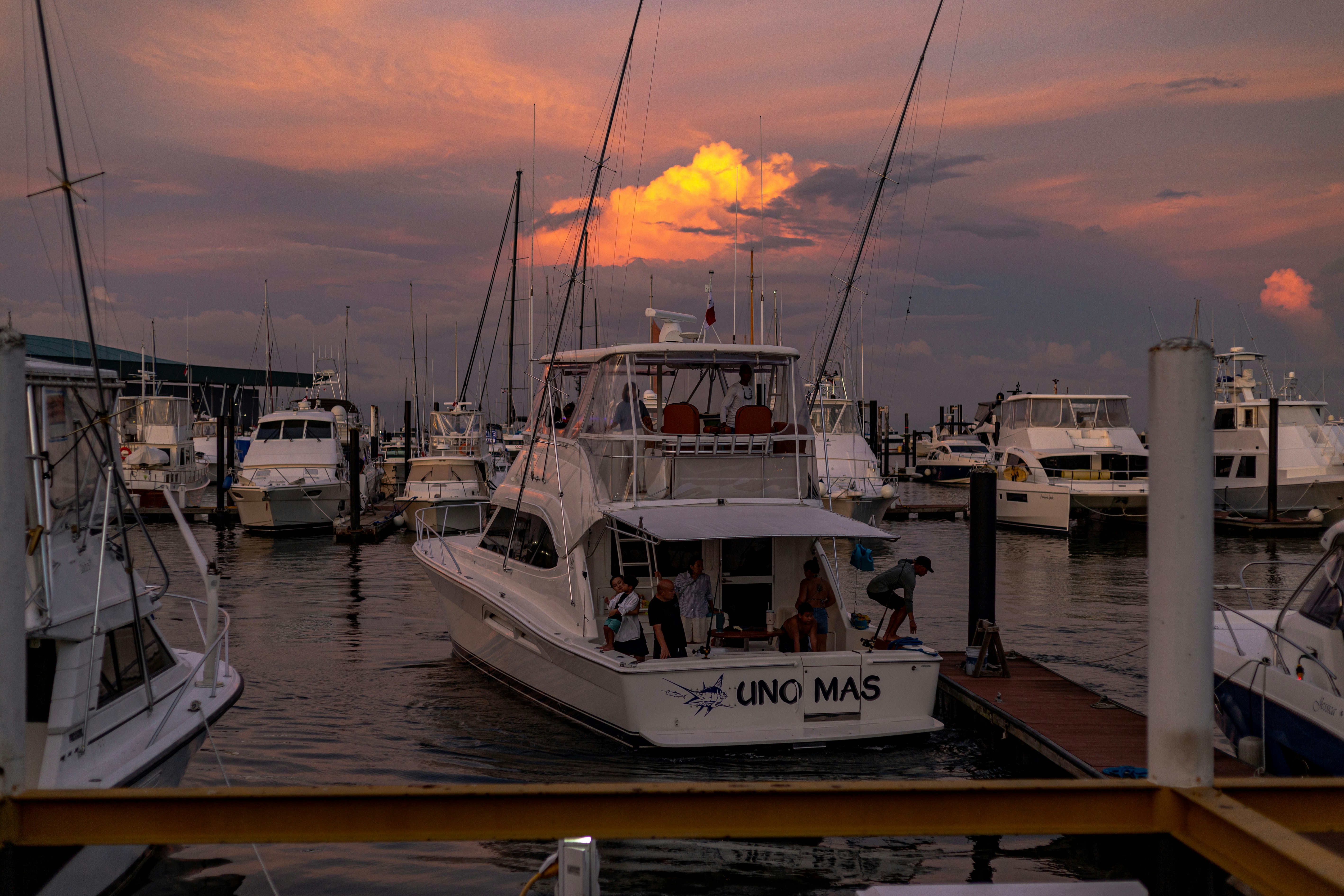 Boats docked in a harbor at sunset