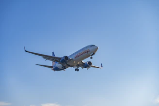 A commercial airplane flying in a clear blue sky.
