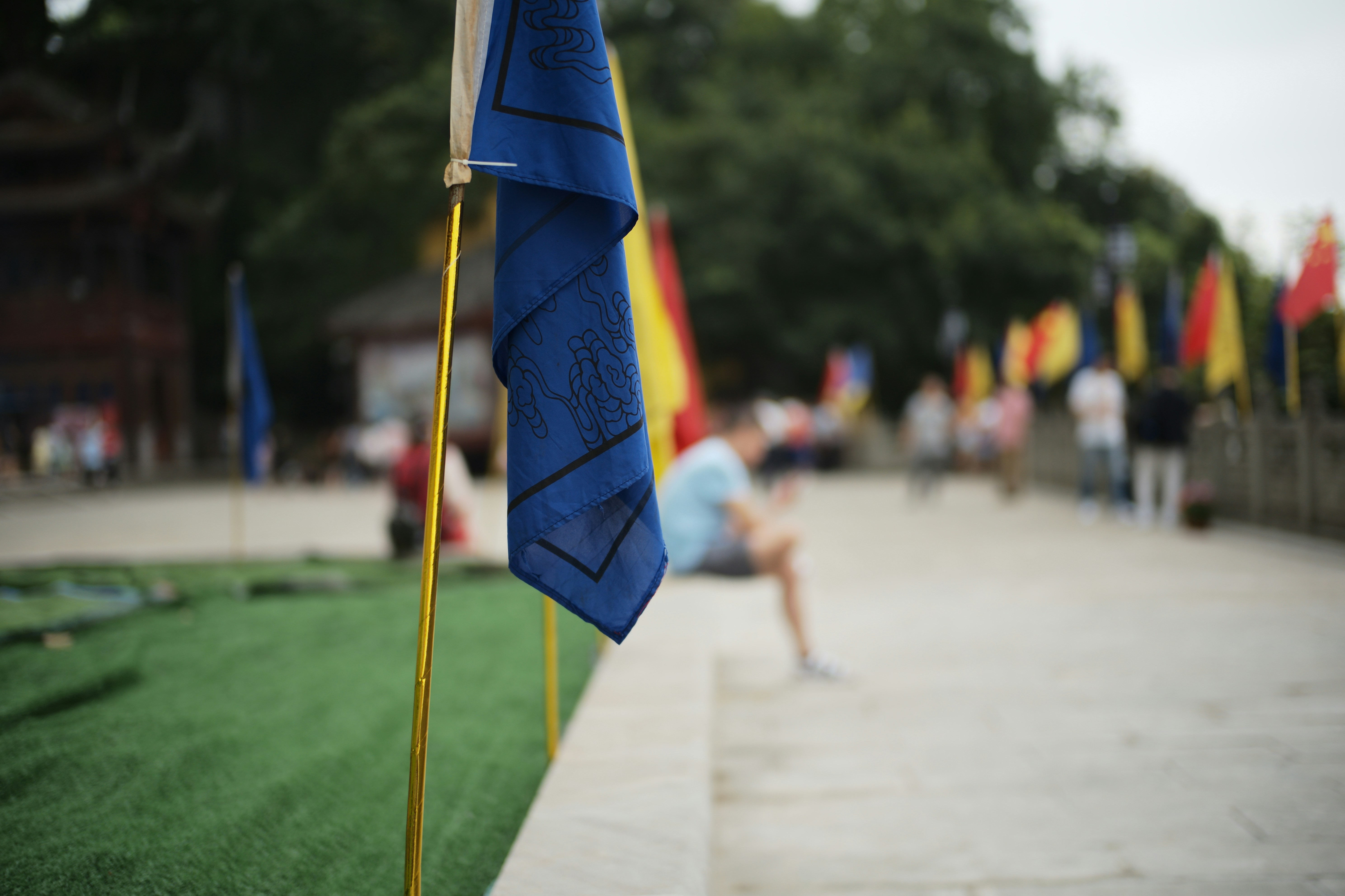 Blue flag on a pole with blurred background