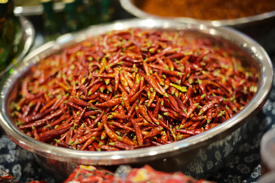 Bowl of dried red chillies ready for spice programmes