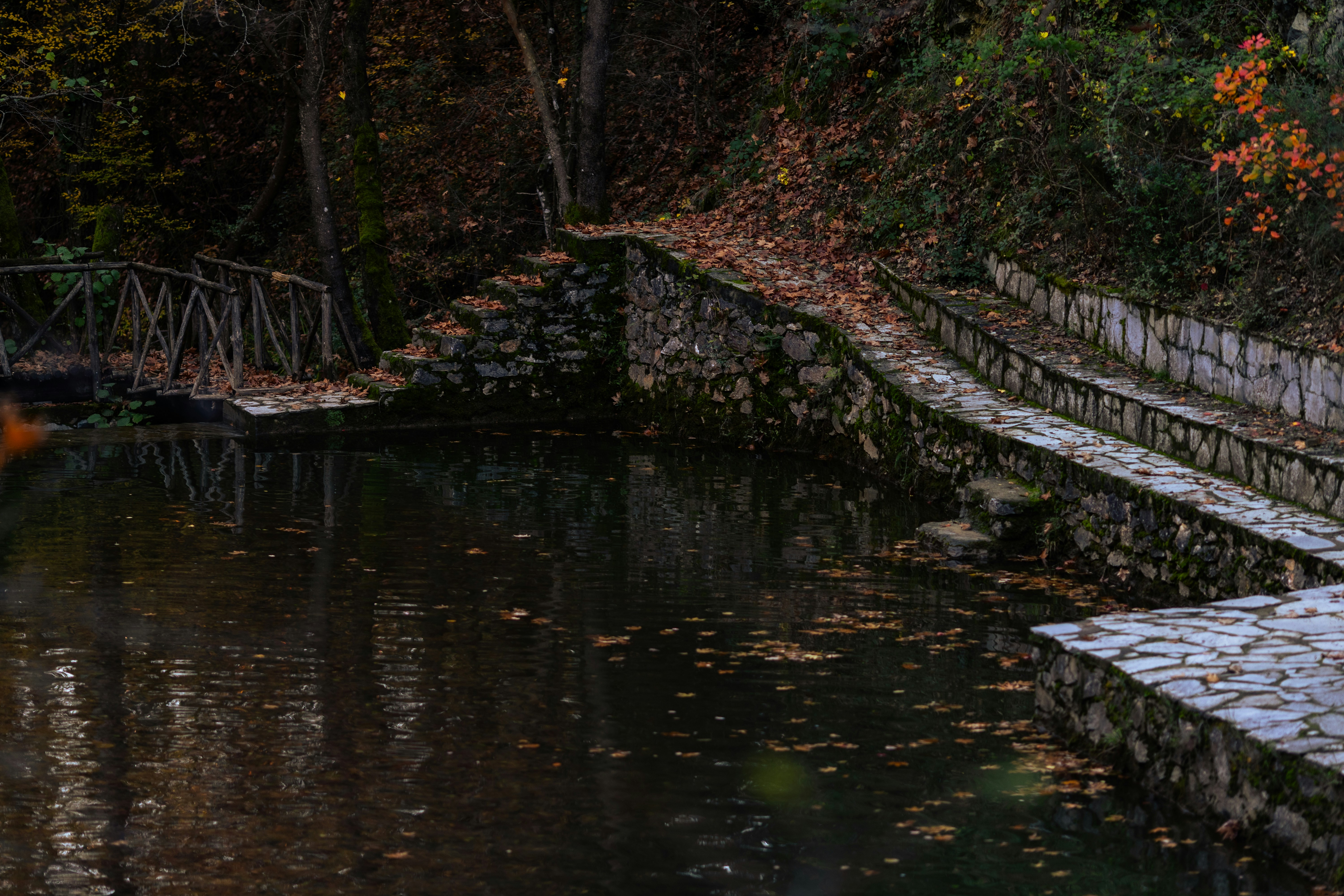 Steintreppe führt im Herbst hinunter zu einem dunklen Teich.