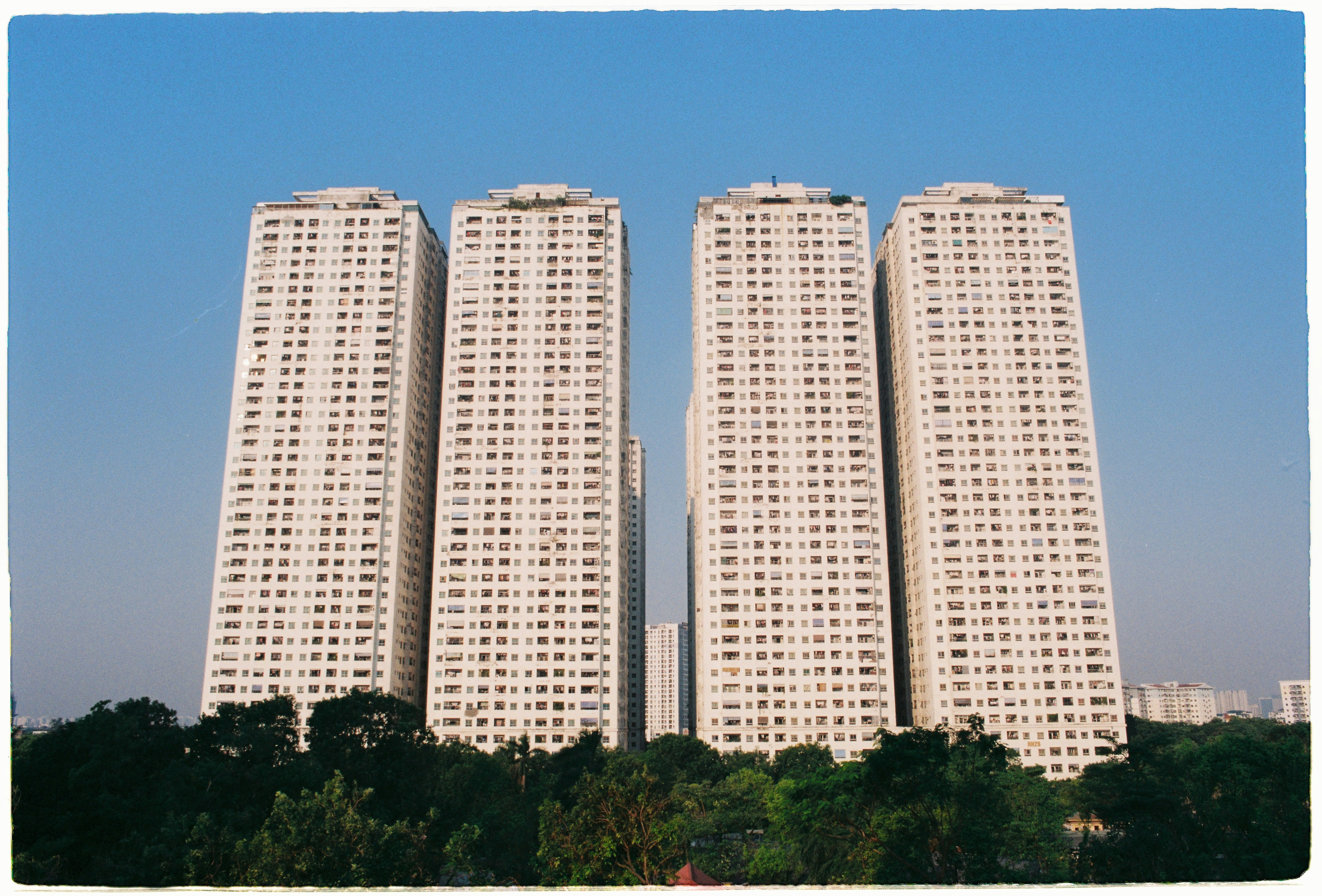 Four identical white high-rise buildings against blue sky.