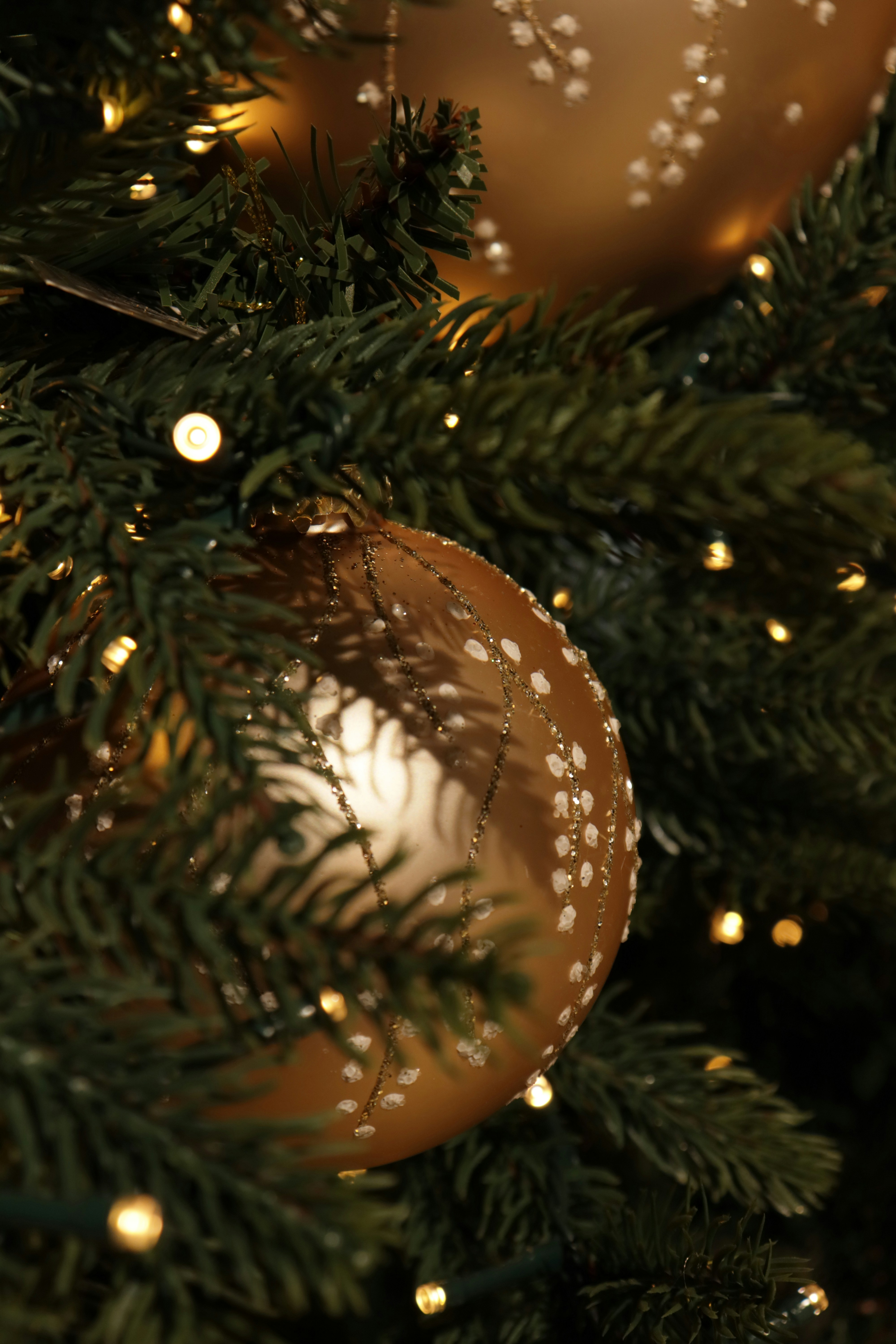 Close-up of a golden christmas ornament on a tree.