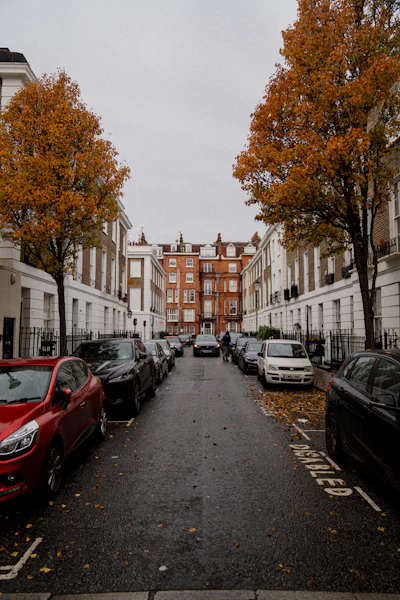 London residential street with terraced houses in autumn