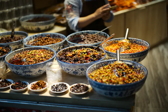Bowls of dried spices and food ingredients