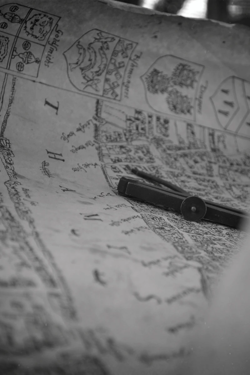 An antique map with a drawing compass resting on it