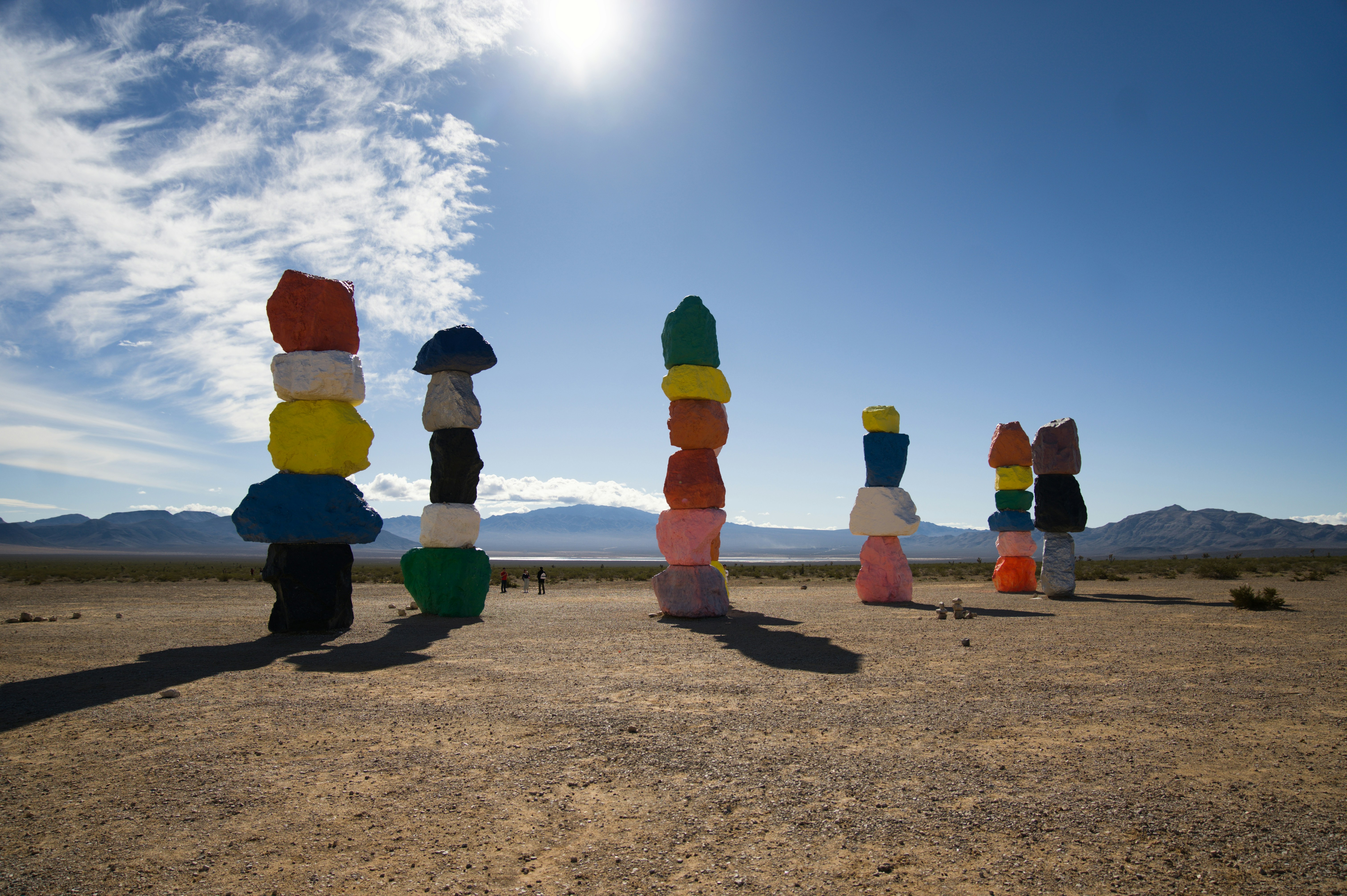 Colorful stacked rocks in a desert landscape