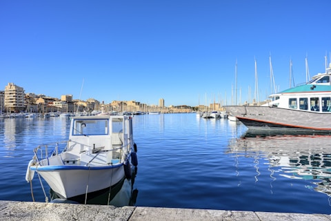 Boats docked in a sunny harbor with city buildings.
